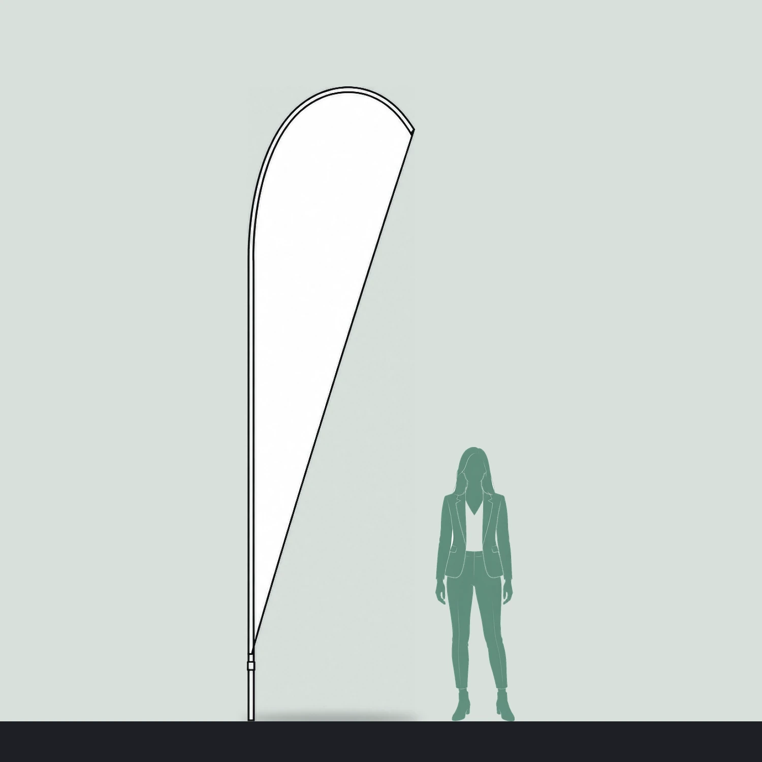 Line drawing of the Feather Flag 14ft shown to scale next to a 1.7m person