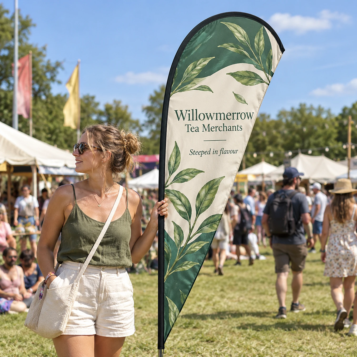 Feather Flag 7ft at an outdoor summer festival, shown with an example design