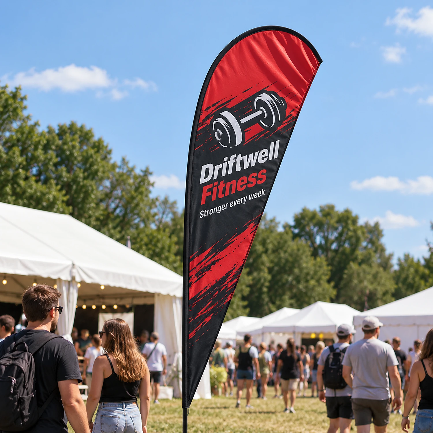 Feather Flag outdoors, shown with an example design