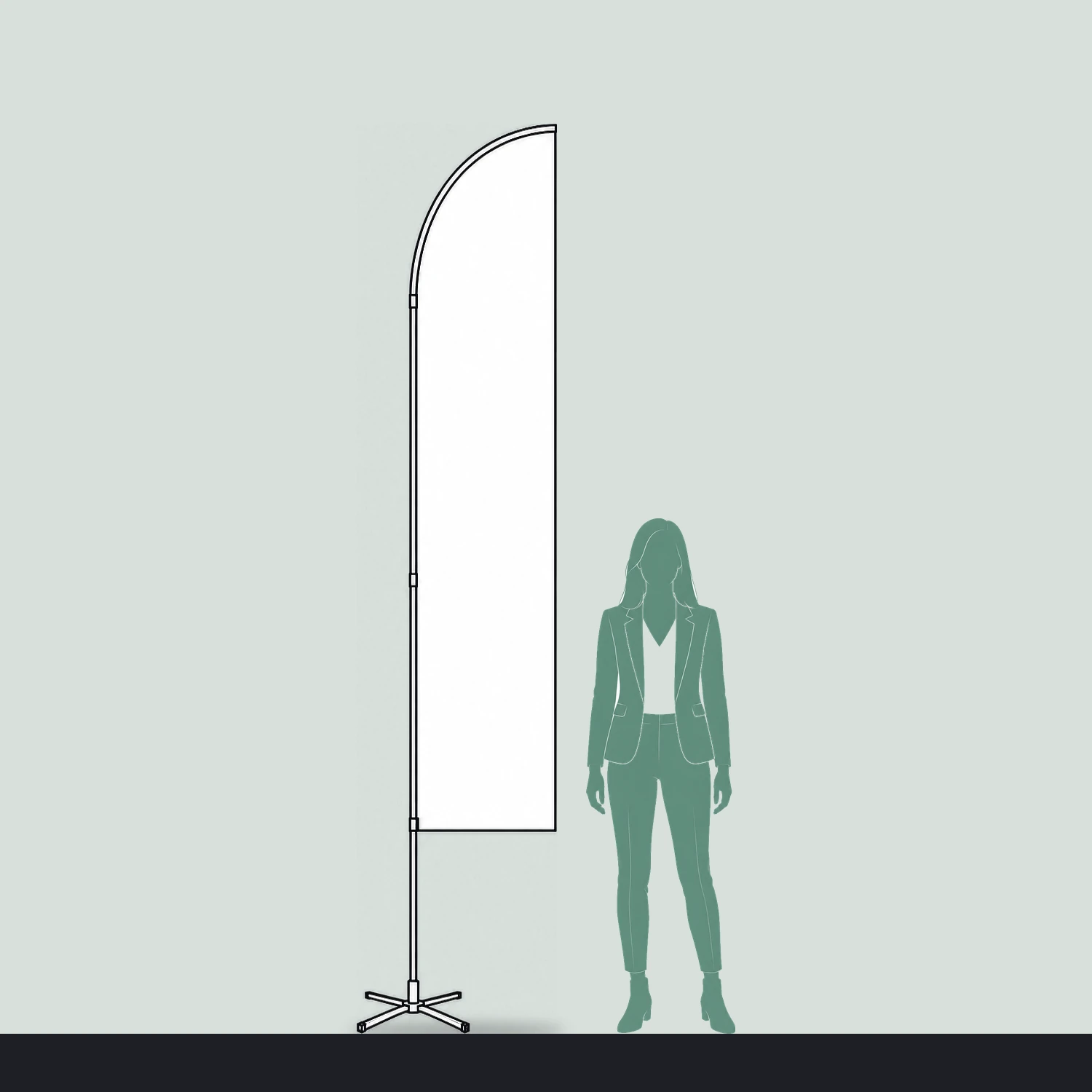 Feather flag size guide, 0.66 m wide by 3 m high, shown next to a person