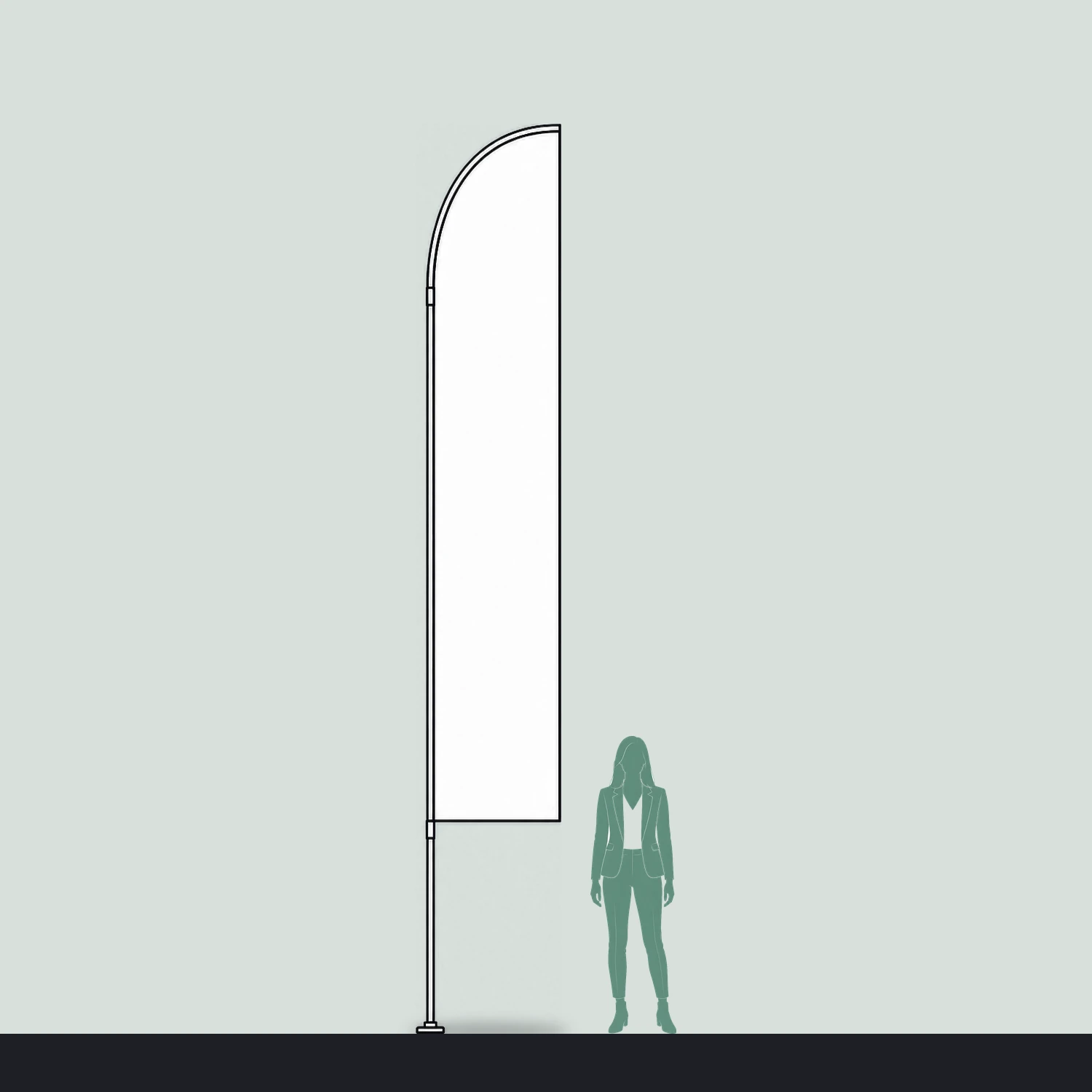 Feather flag size guide, 0.83 m wide by 5.2 m high, shown next to a person