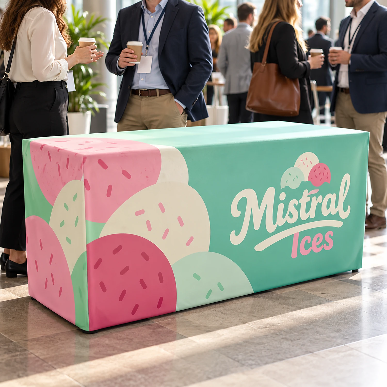 Fitted box tablecloth at a conference networking area
