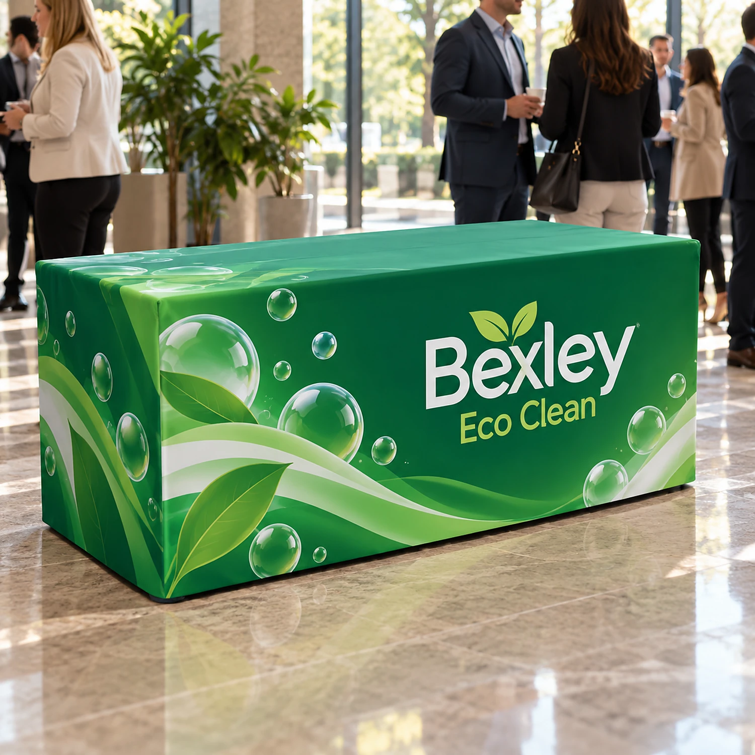 Fitted box tablecloth at a corporate event in a hotel foyer