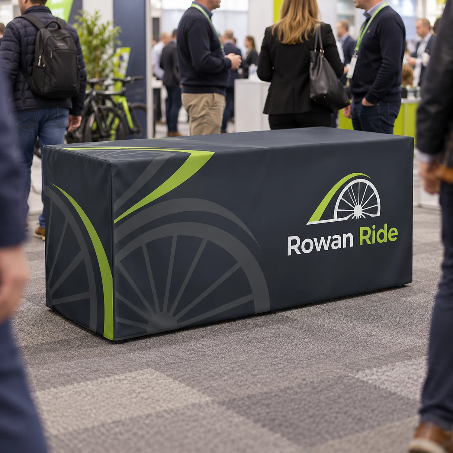 Fitted box tablecloth in use at a busy trade show