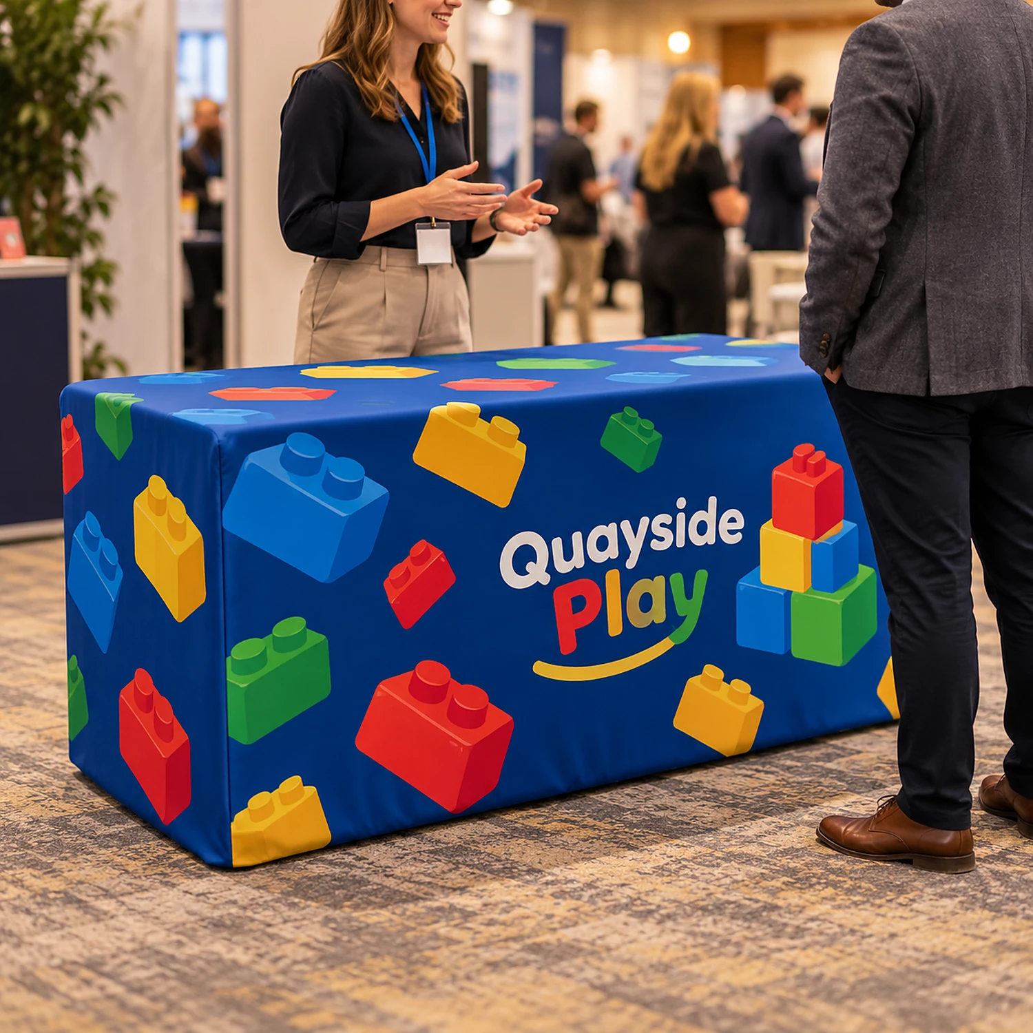 Fitted box tablecloth at a business expo with staff talking to a visitor