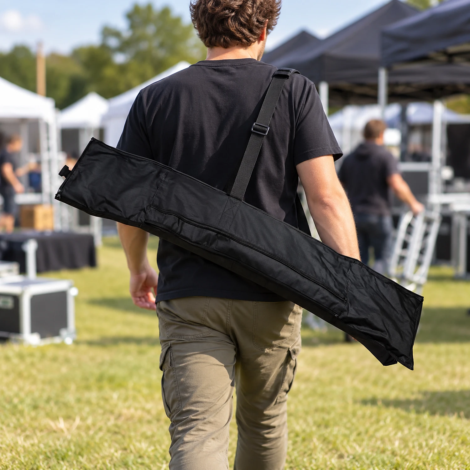 Flag carry bag carried over the shoulder at an outdoor event