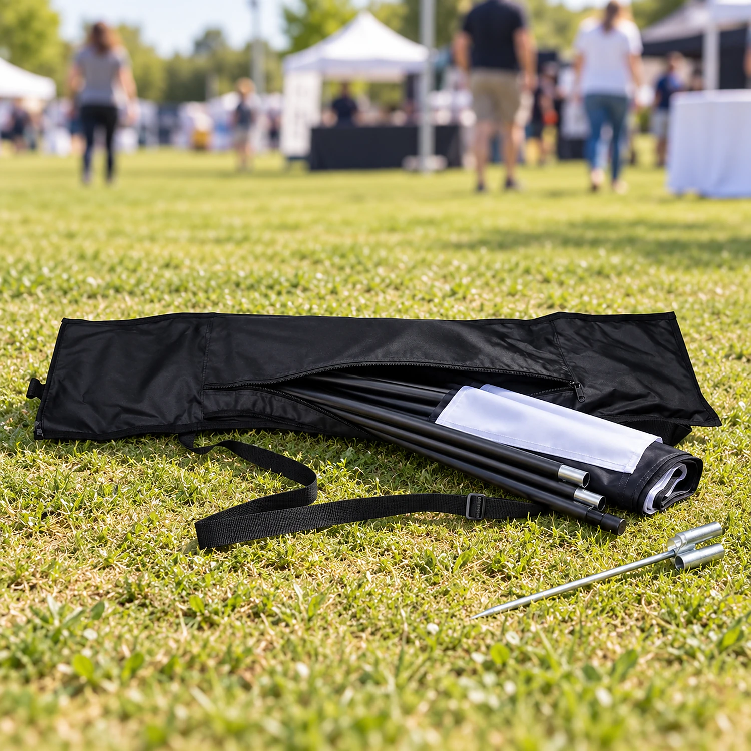 Flag carry bag being unpacked on grass