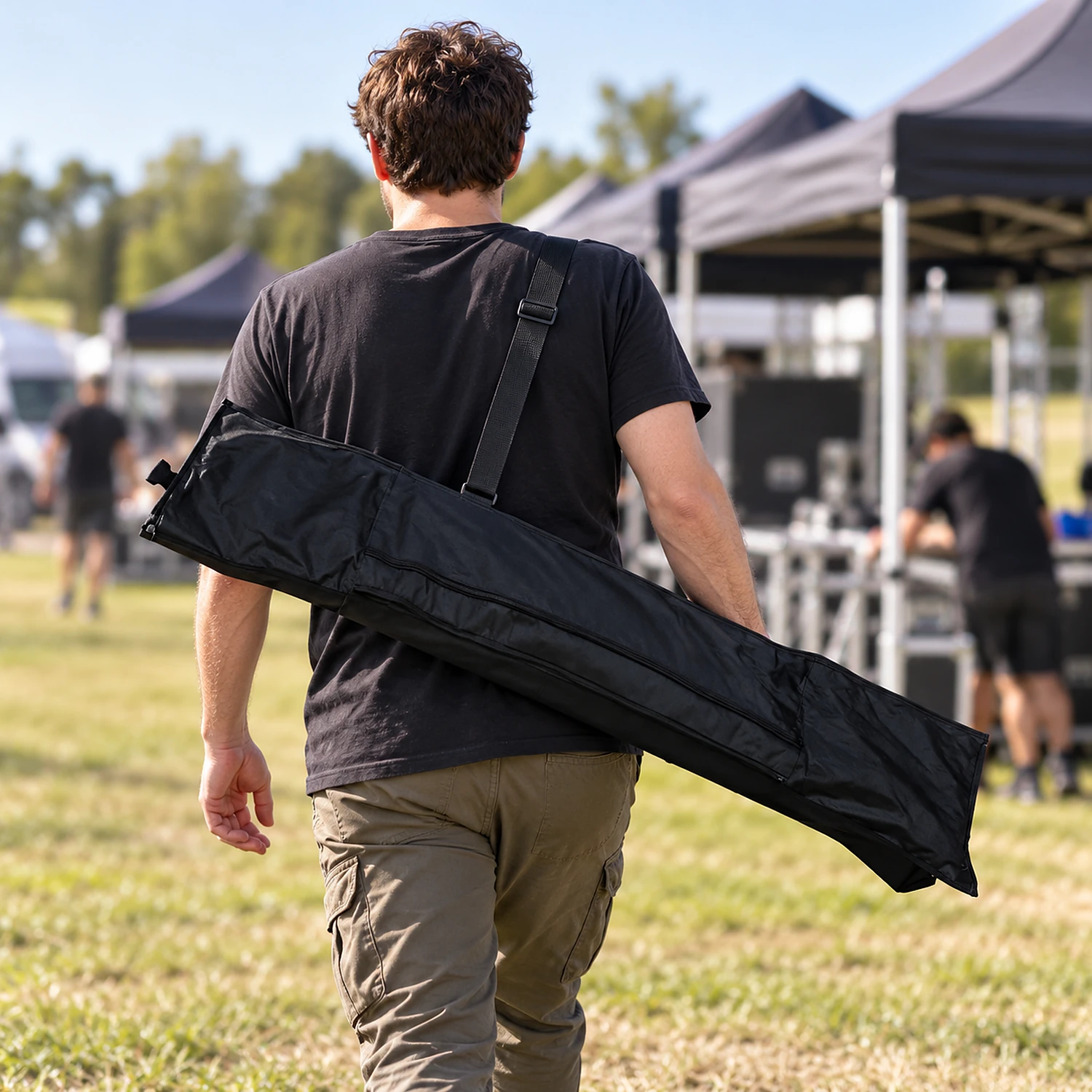 Flag carry bag carried over the shoulder at an outdoor event