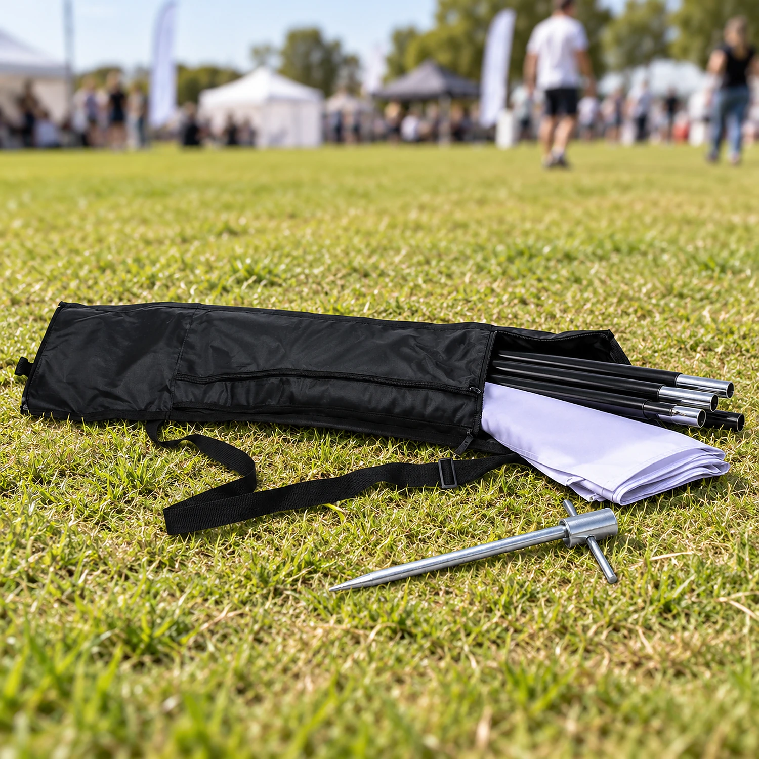 Flag carry bag being unpacked on grass
