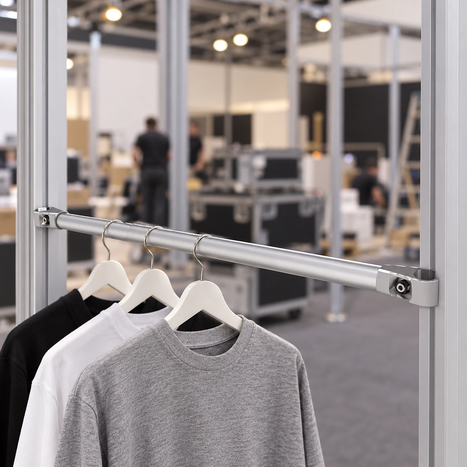 Garment crossbar fitted to a merchandiser frame during stand build-up