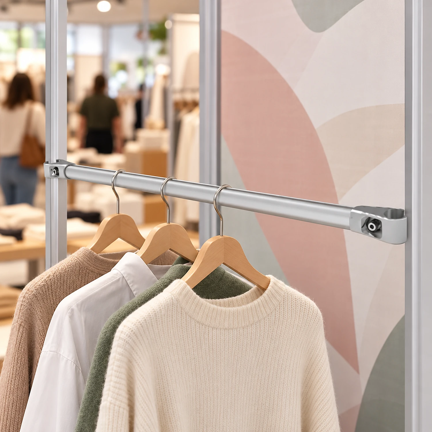 Garment crossbar fitted to a modular merchandiser in a pop-up shop