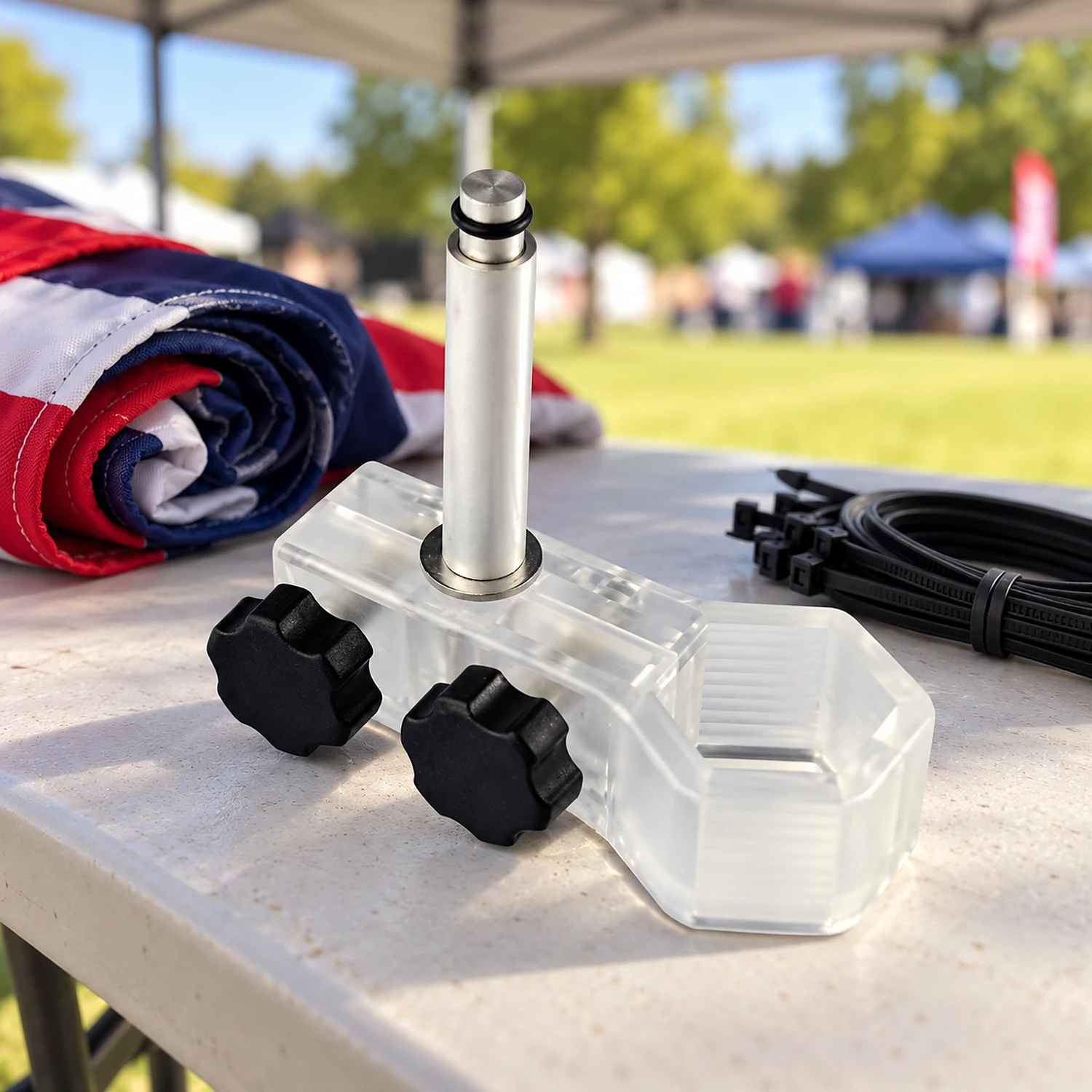 Gazebo flag bracket on a table before an outdoor event