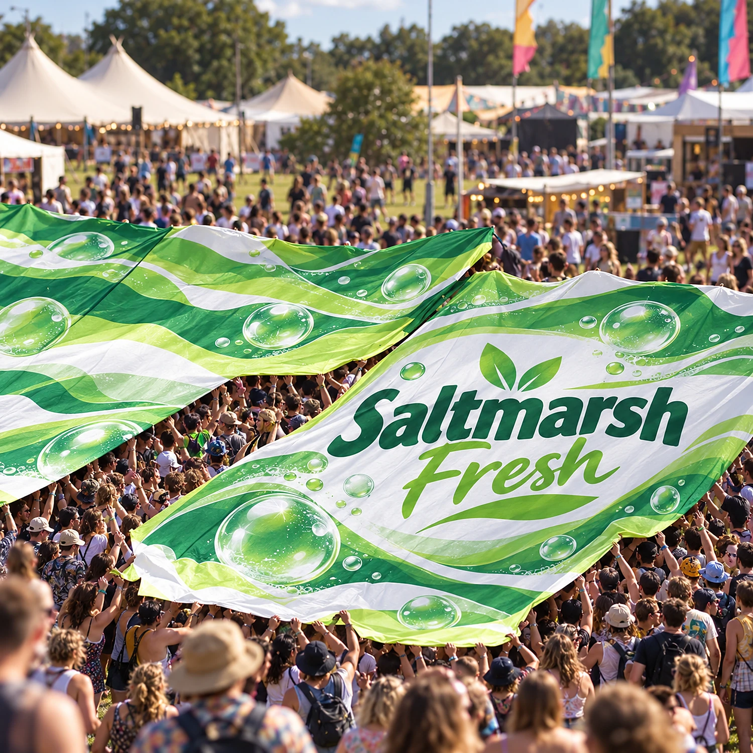 Giant crowd surfer flag at a summer festival