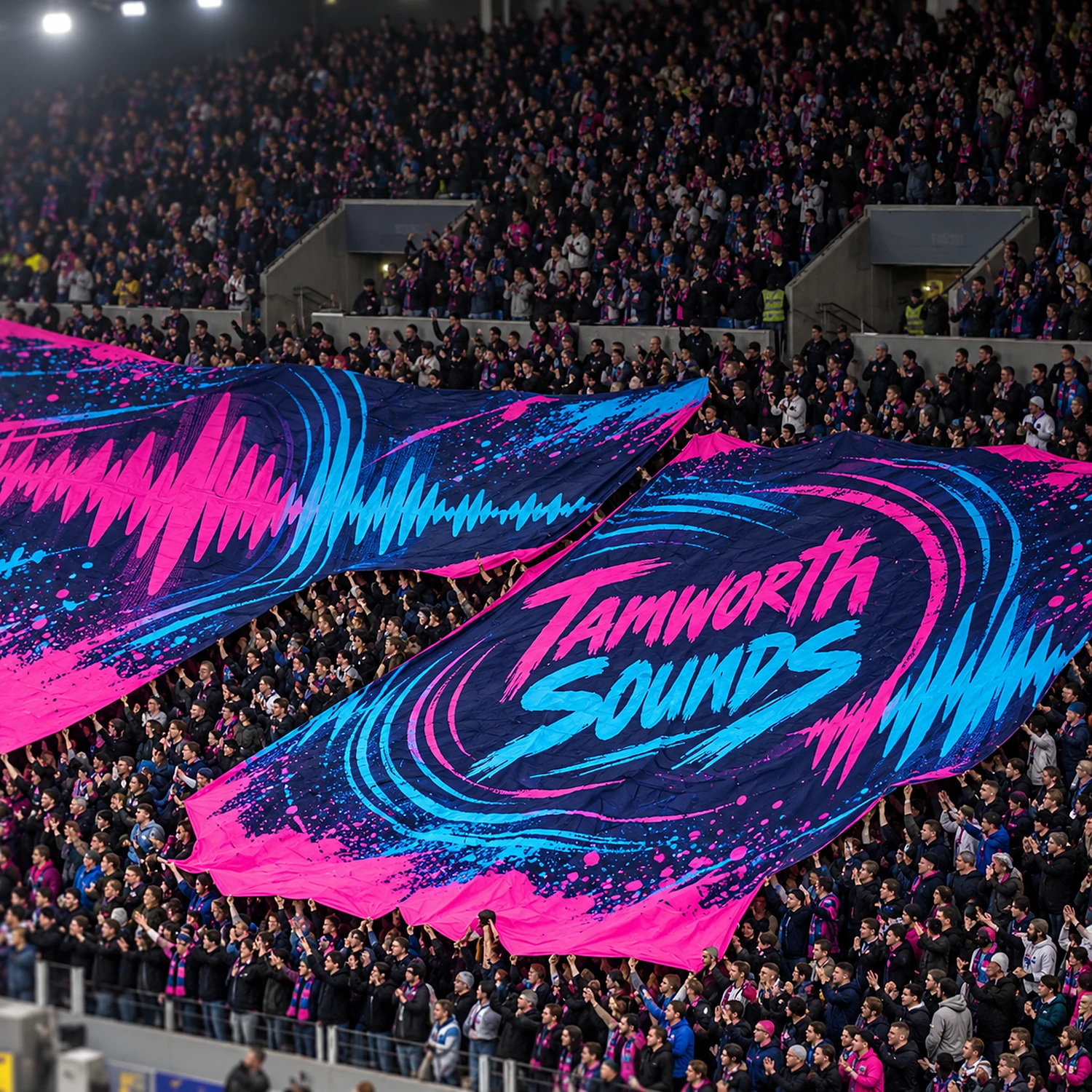 Giant crowd surfer flag spread over a stadium crowd