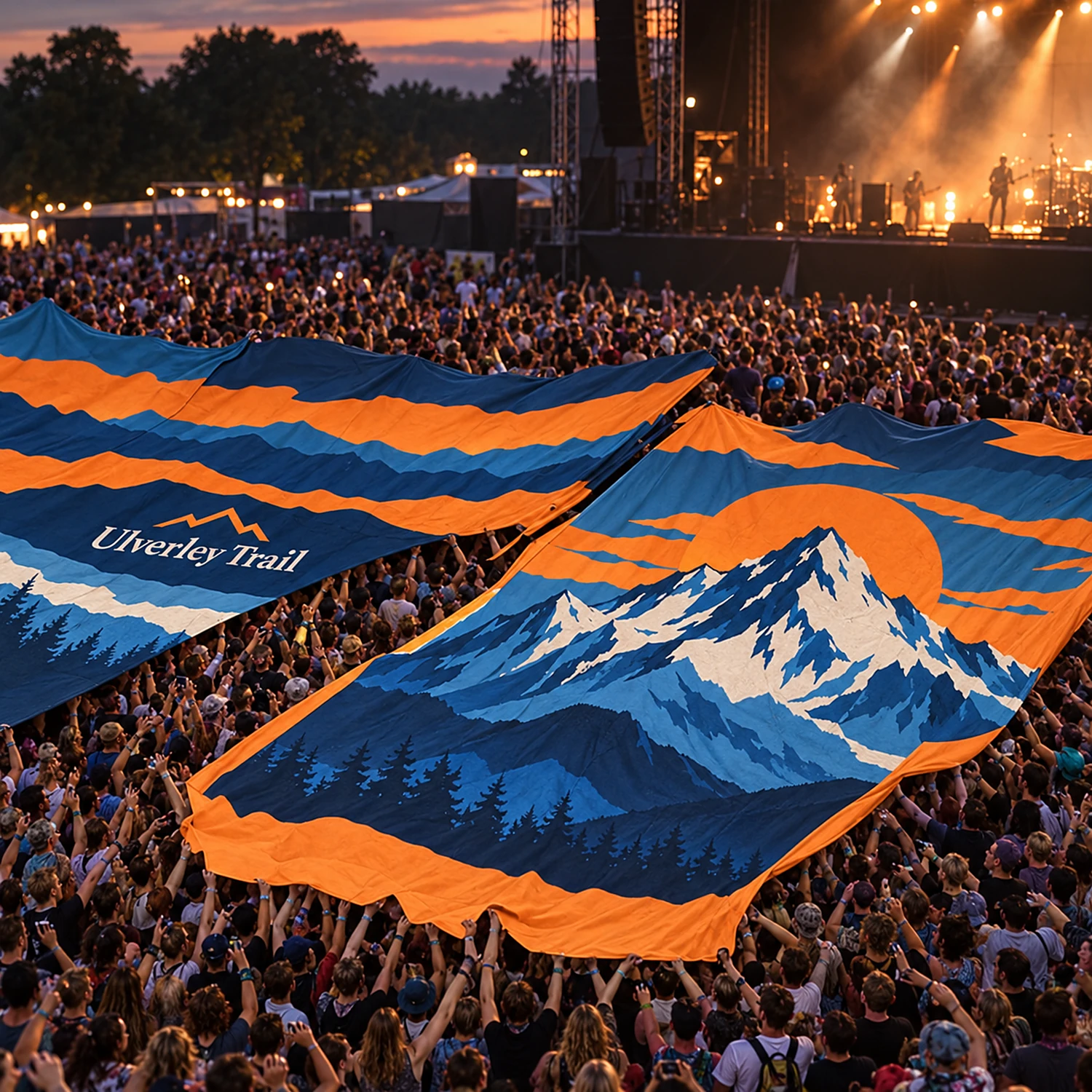 Giant crowd surfer flag over the crowd at an outdoor concert