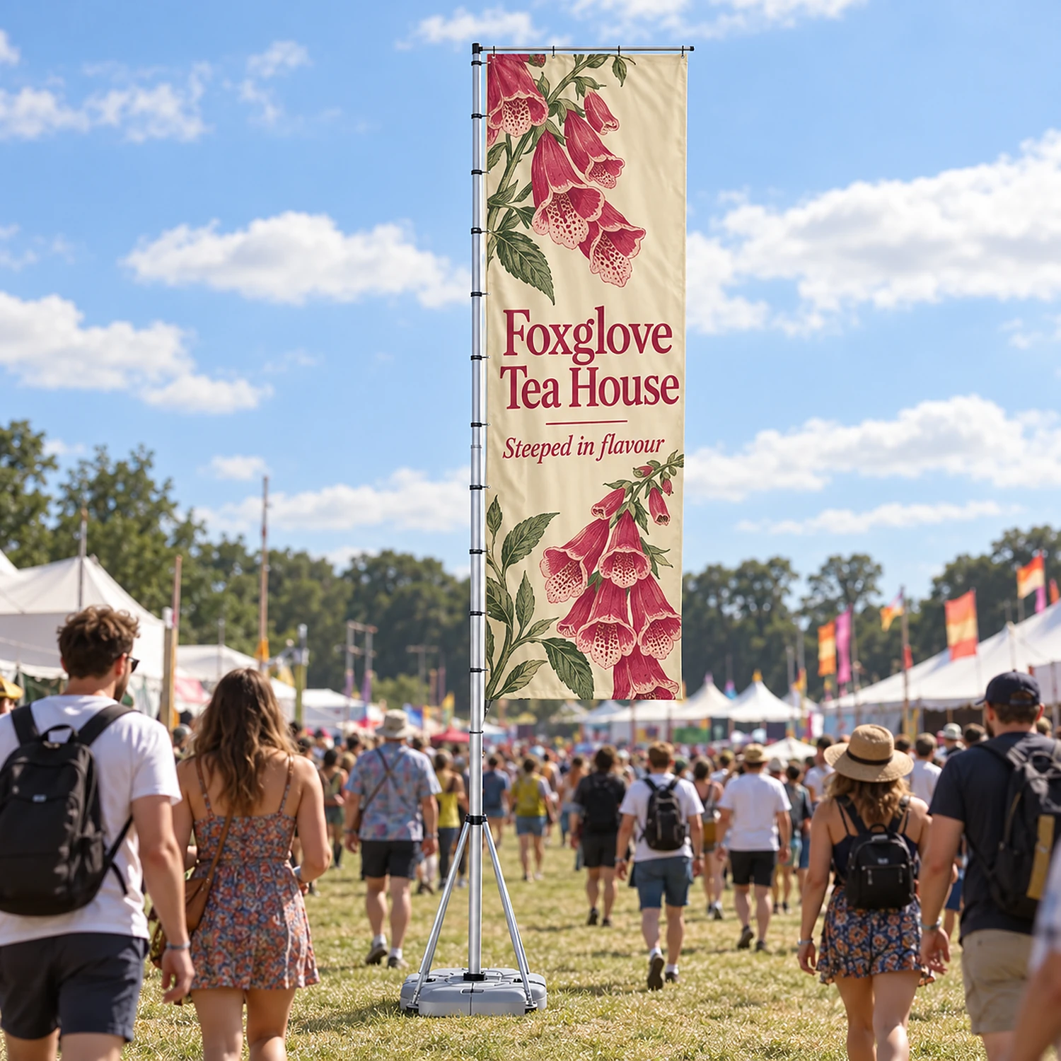 Giant portable flag in use at a summer festival entrance
