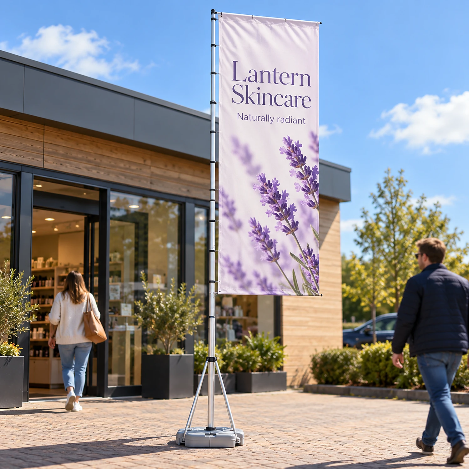 Giant portable flag in use on a business forecourt