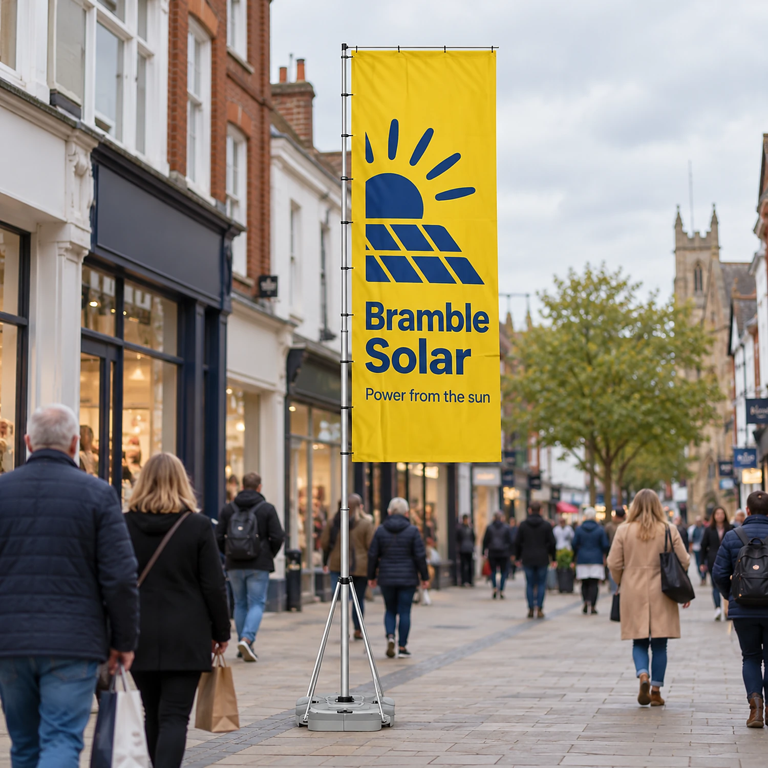Giant portable flag in use at a town-centre street event
