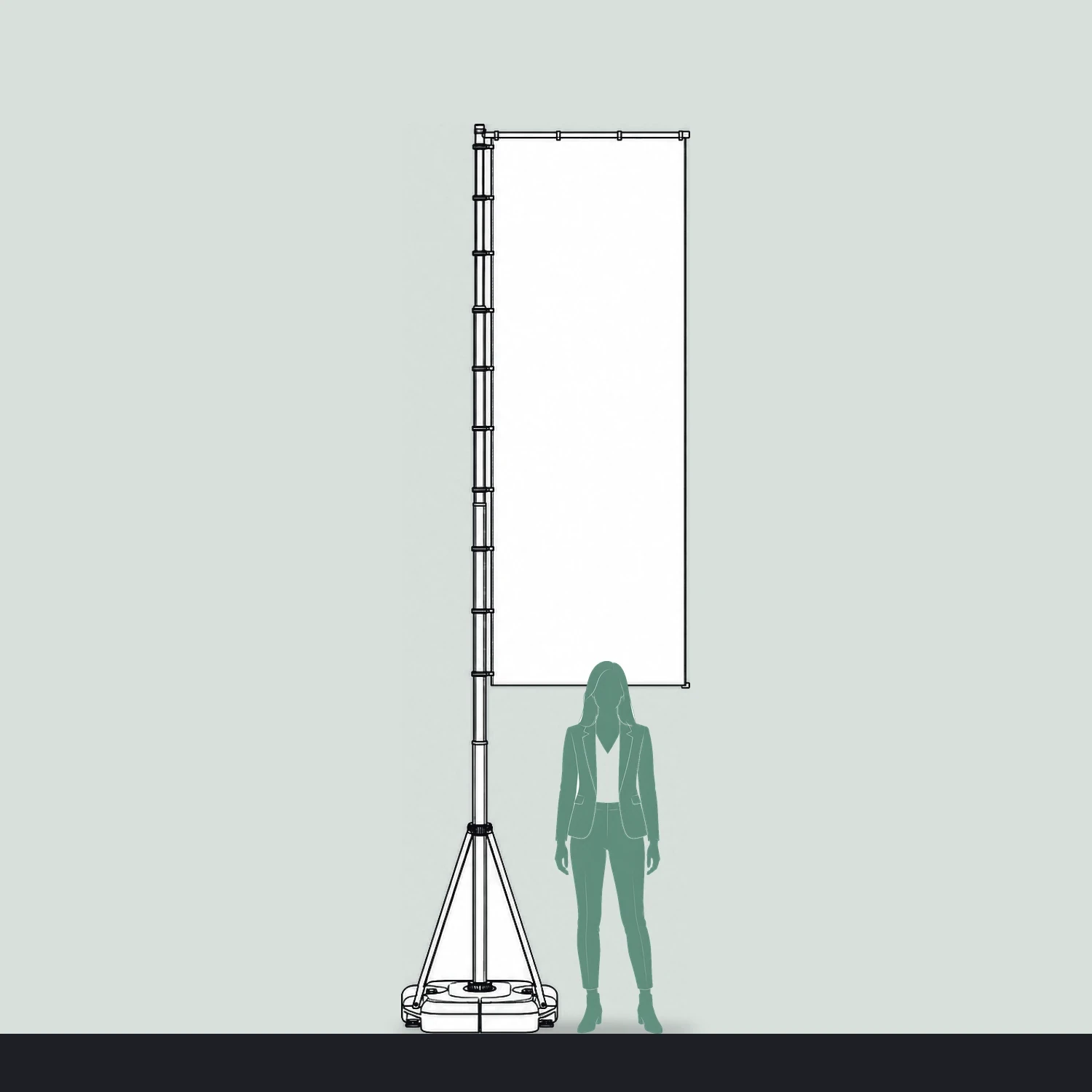 Giant portable flag size guide, 4150mm high, shown next to a person for scale