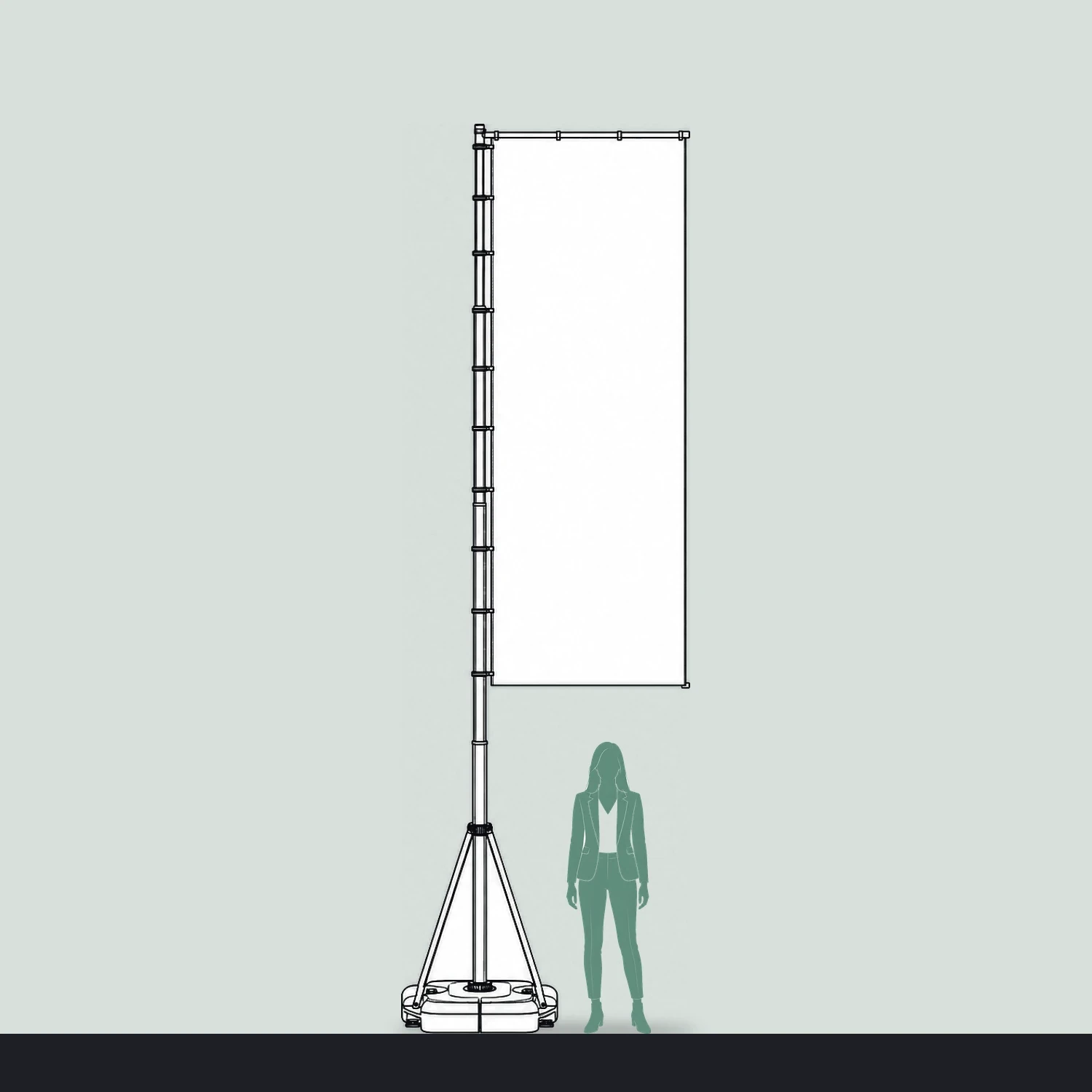 Giant portable flag size guide, 5300mm high, shown next to a person for scale
