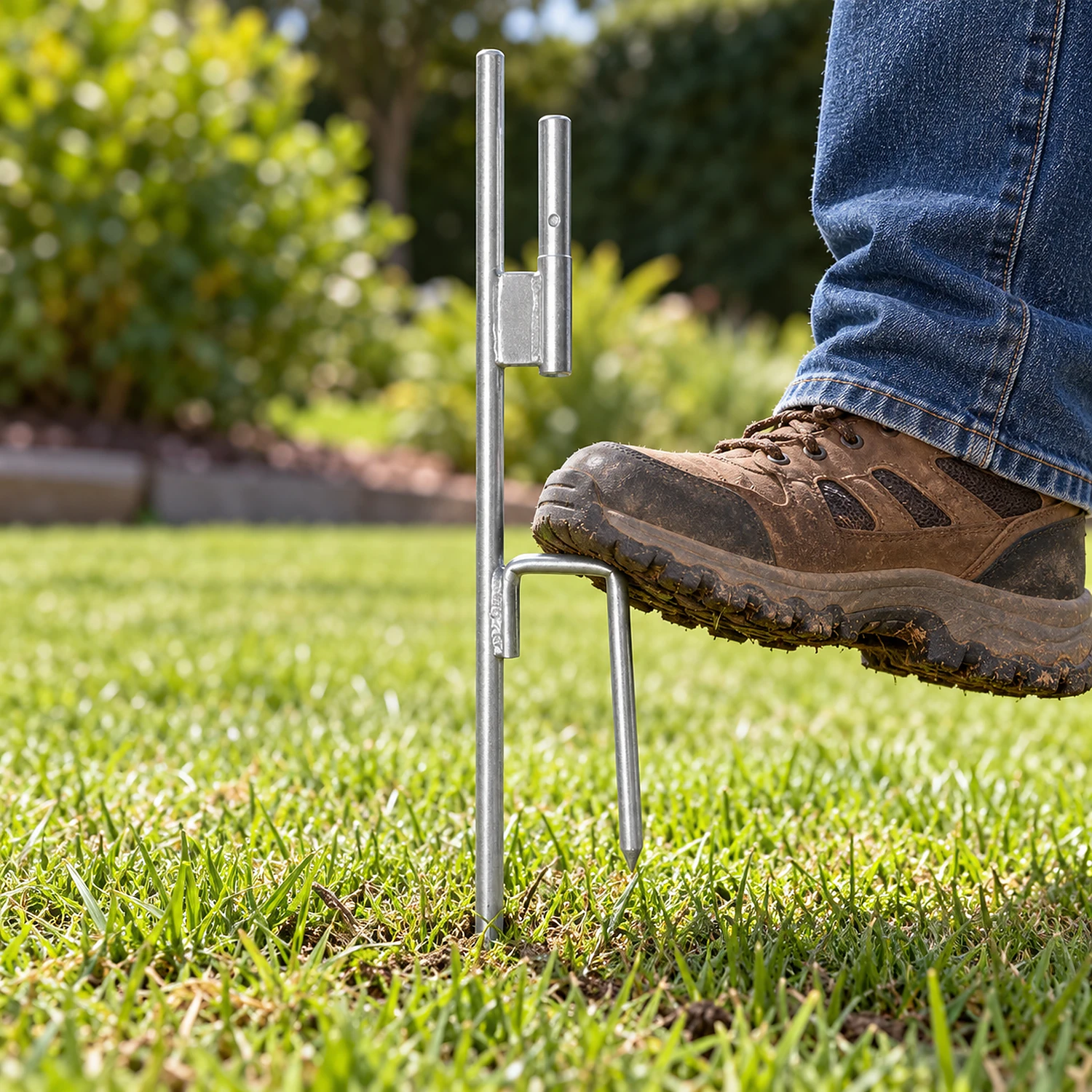Ground spike being pushed into a lawn with its foot step