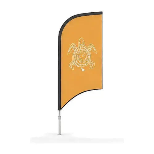 Indoor Promo Bowhead Flag Small printed flag on its pole, shown with an example design