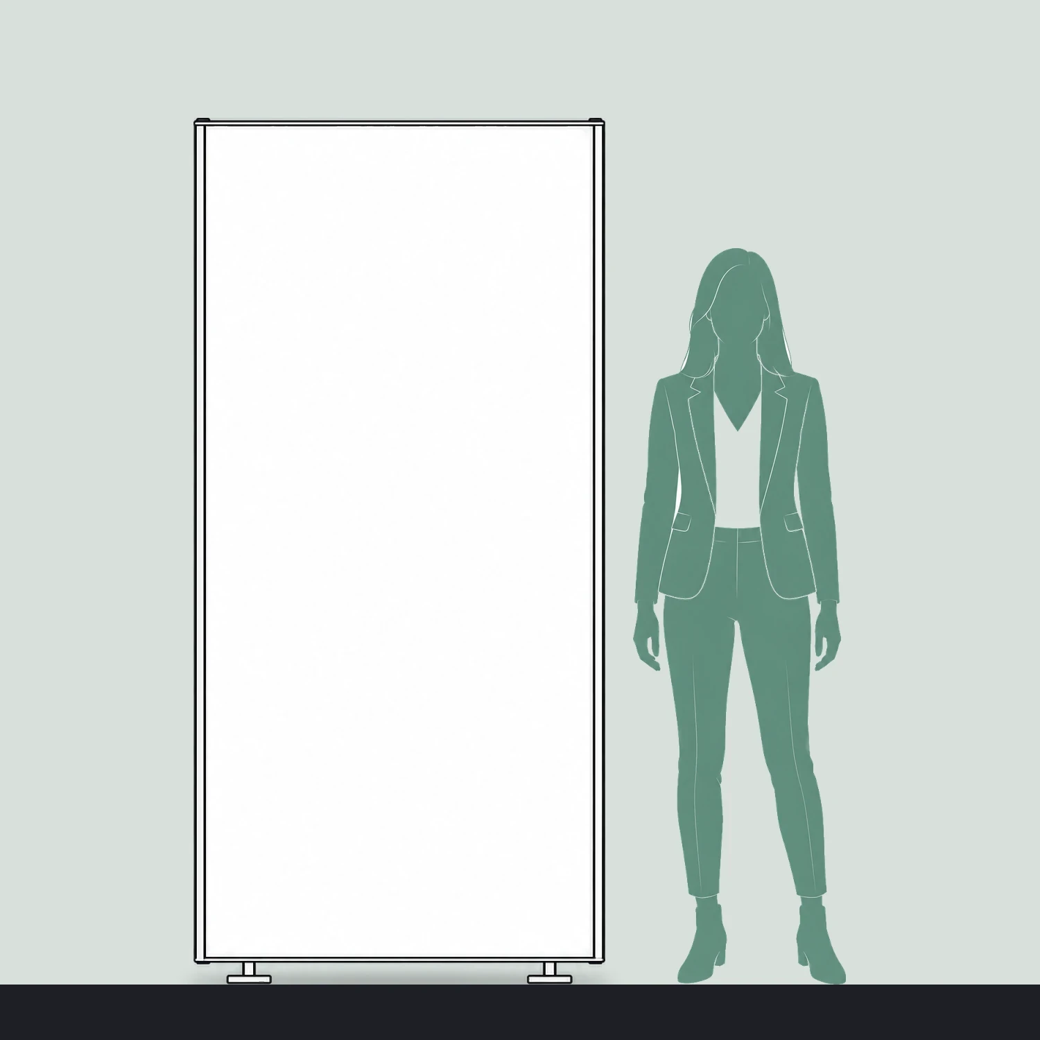 Line drawing of the Infinity Light Box 950M shown to scale next to a 1.7m person