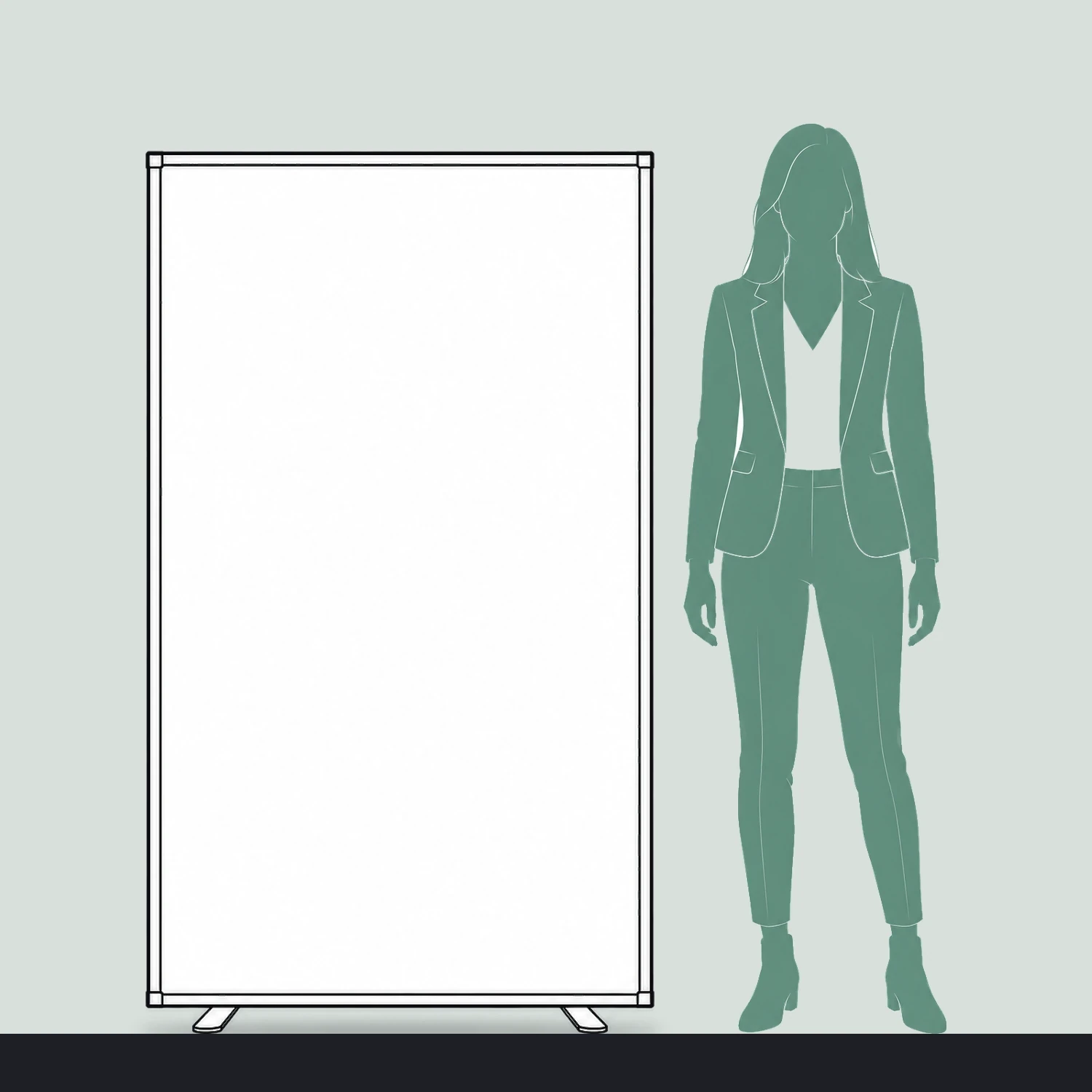 Line drawing of the Infinity Light Box 950S shown to scale next to a 1.7m person
