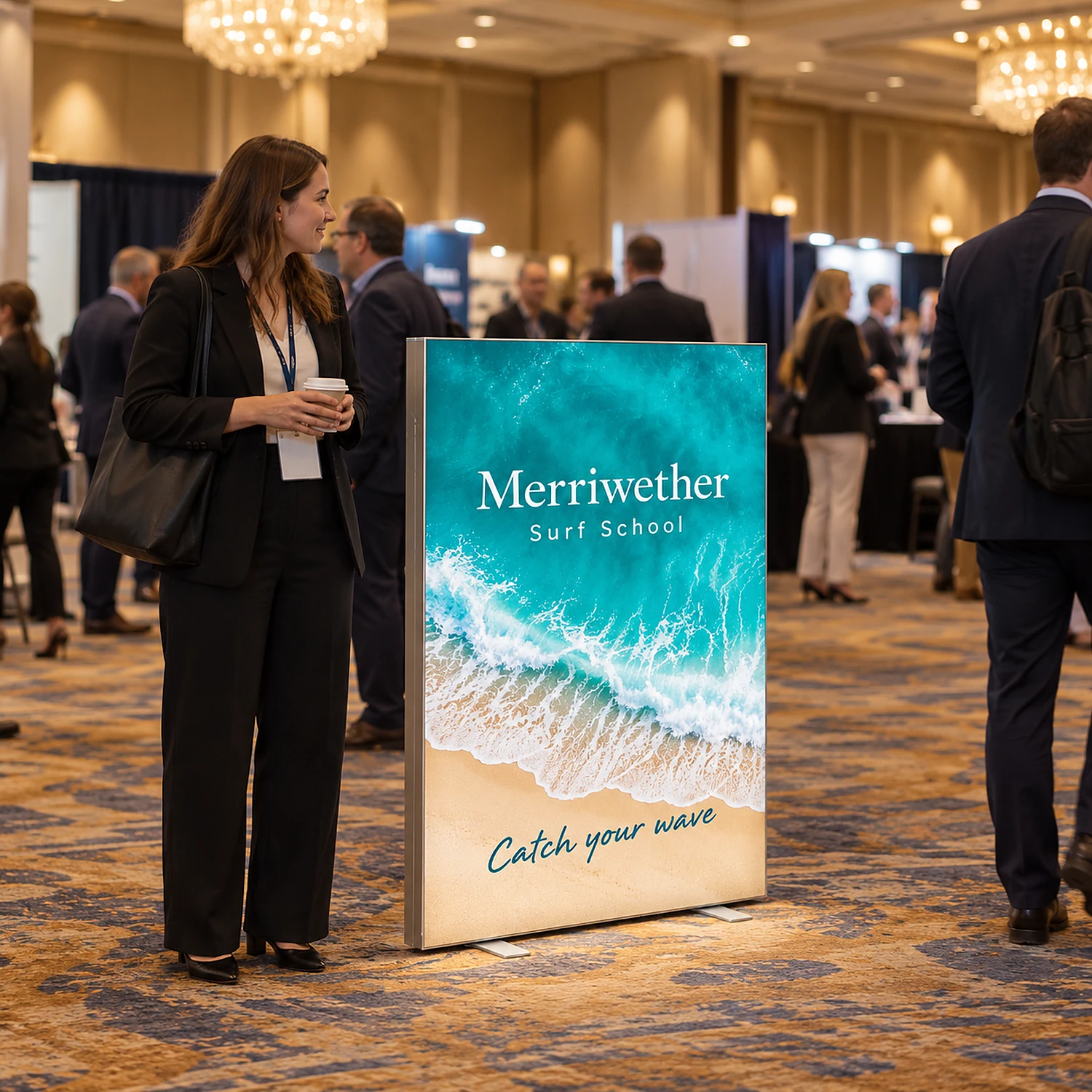 Infinity Light Box 950XS at a conference exhibition in a hotel ballroom, shown with an example design