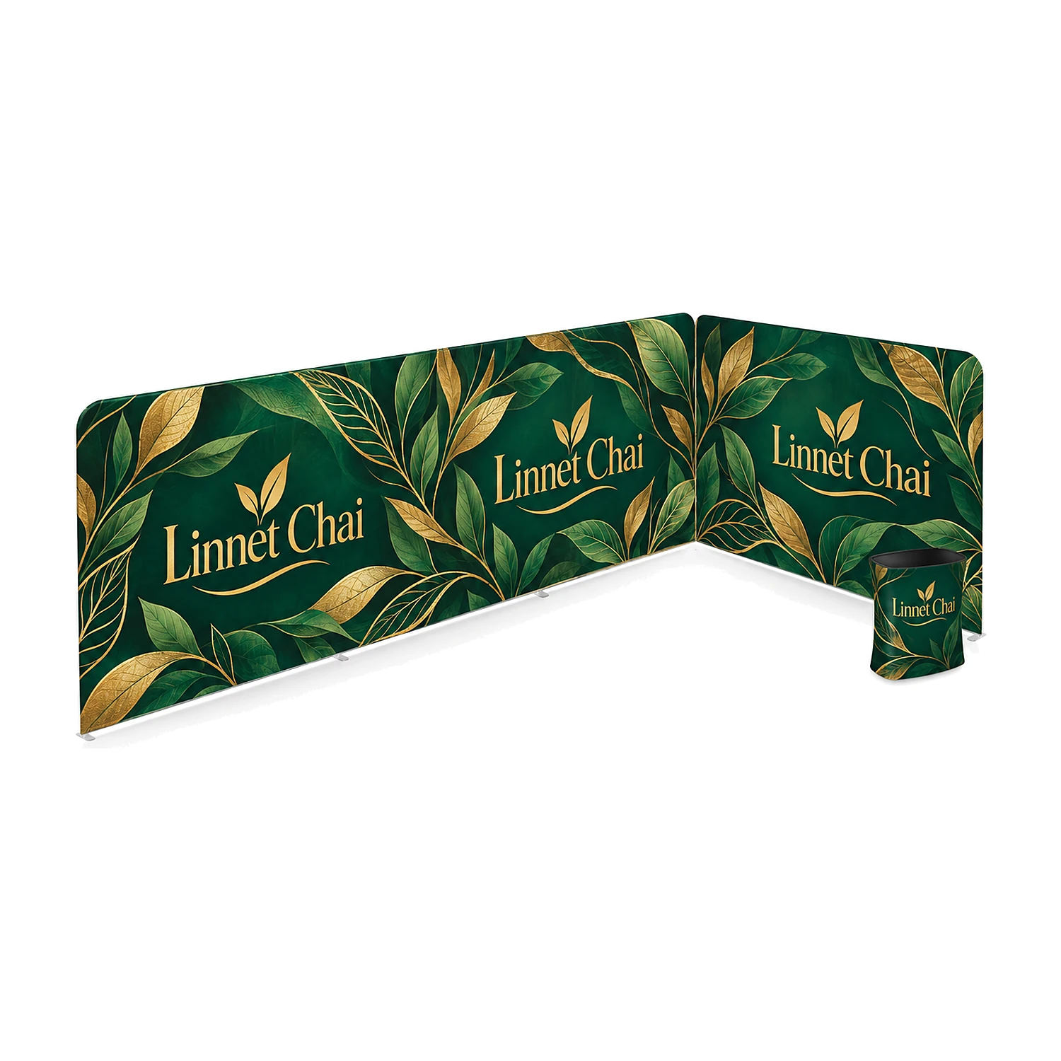L-shaped fabric exhibition stand with counter printed with an example design