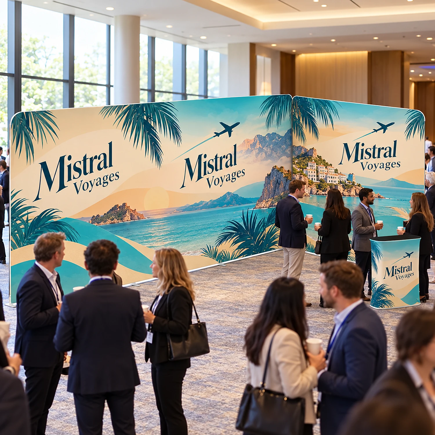 L-shaped fabric exhibition stand with counter at a conference networking area