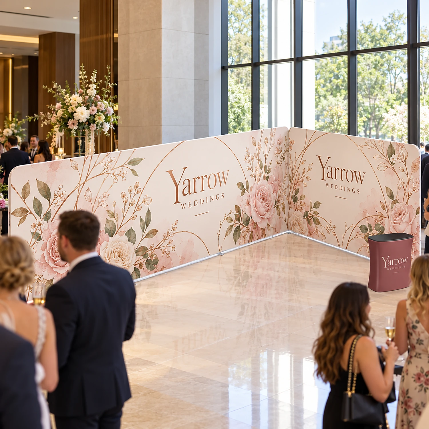 L-shaped fabric exhibition stand with counter at a corporate event in a hotel foyer