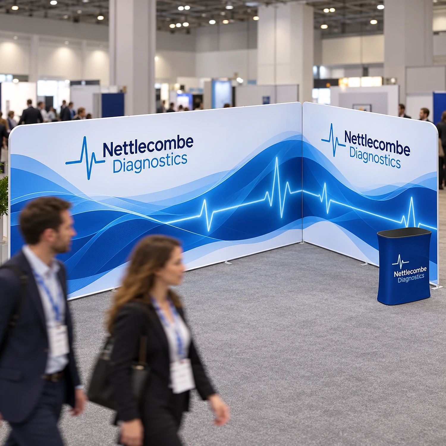 L-shaped fabric exhibition stand with counter on an exhibition stand at an industry conference