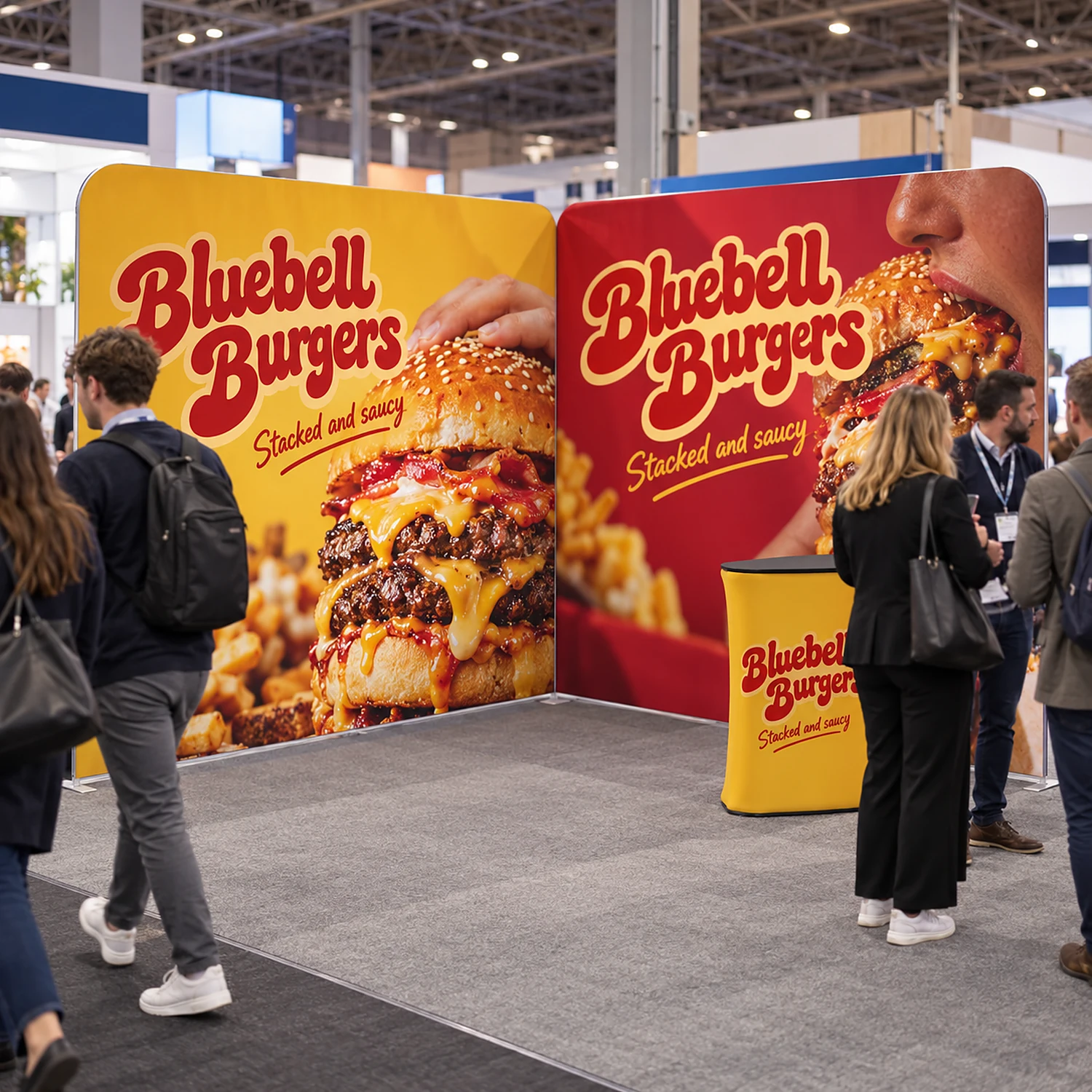 L-shaped fabric exhibition stand with counter in use at a busy trade show