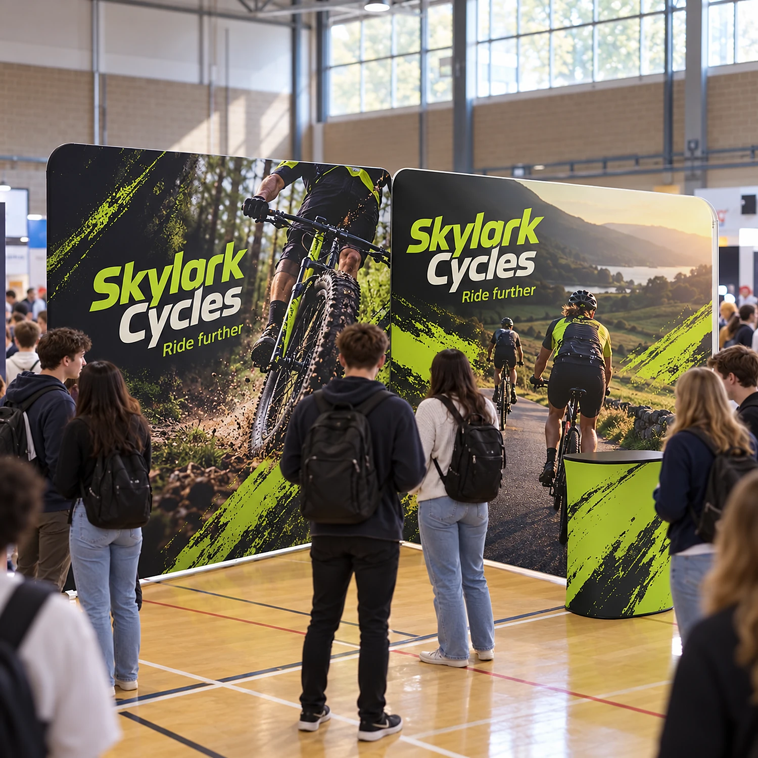 L-shaped fabric exhibition stand with counter in use at a university careers fair