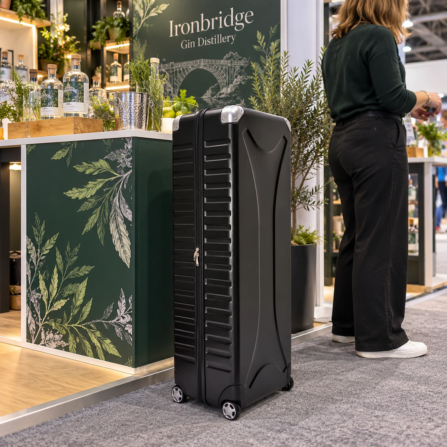 Large lightbox travel case beside an exhibition stand at a trade show