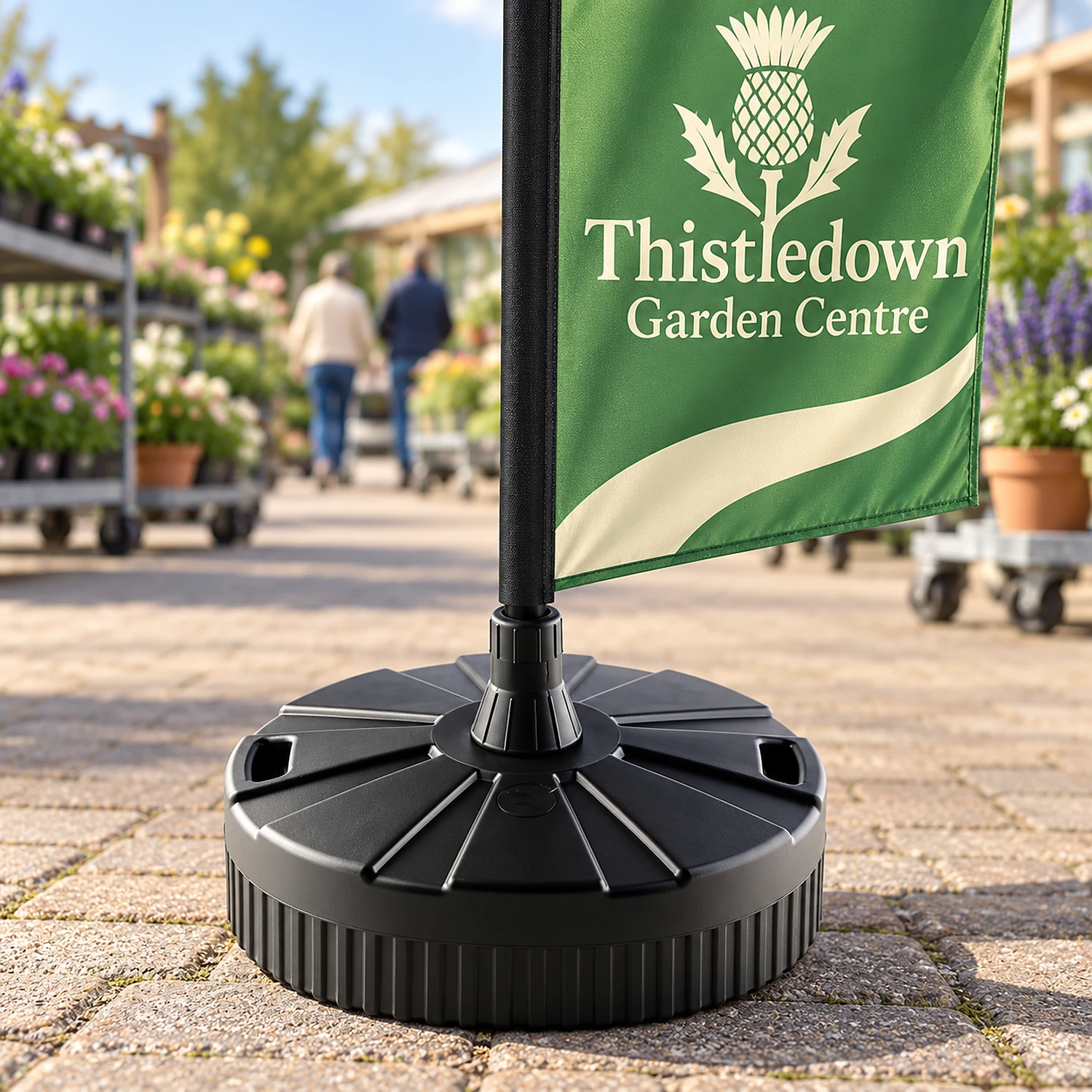Water base holding a flag outside a garden centre