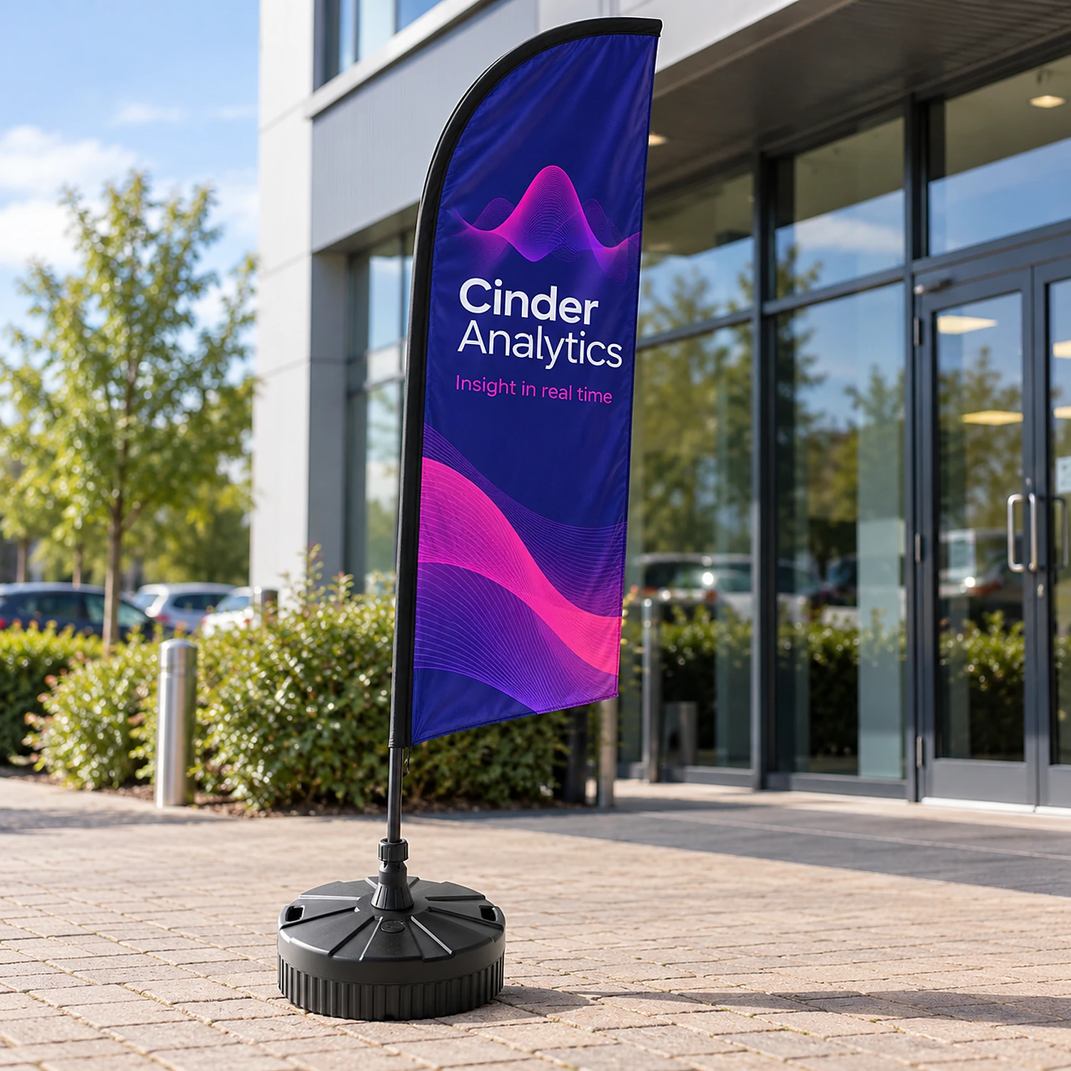 Large water sand base holding a flag on a business forecourt