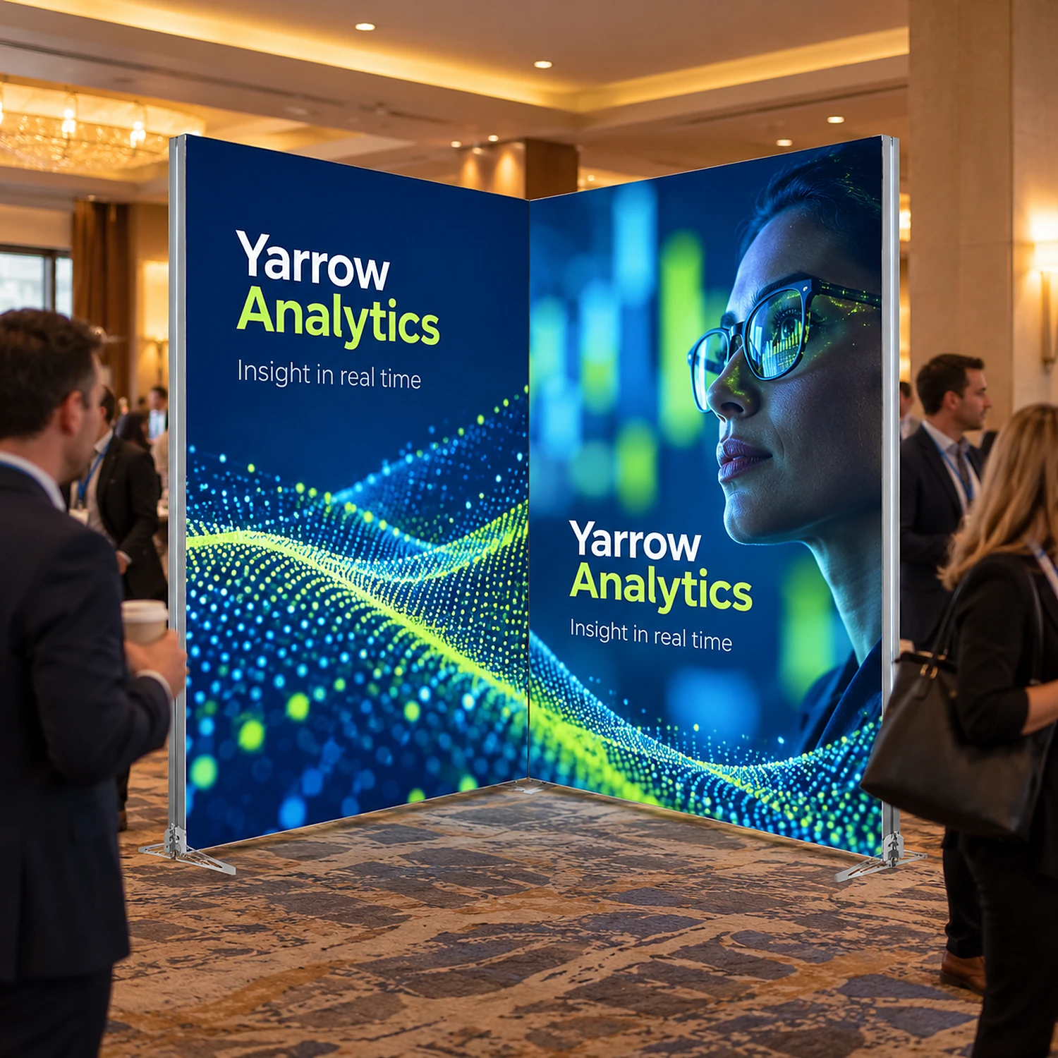 LED lightbox exhibition stand 2m x 2m in use in a hotel conference foyer