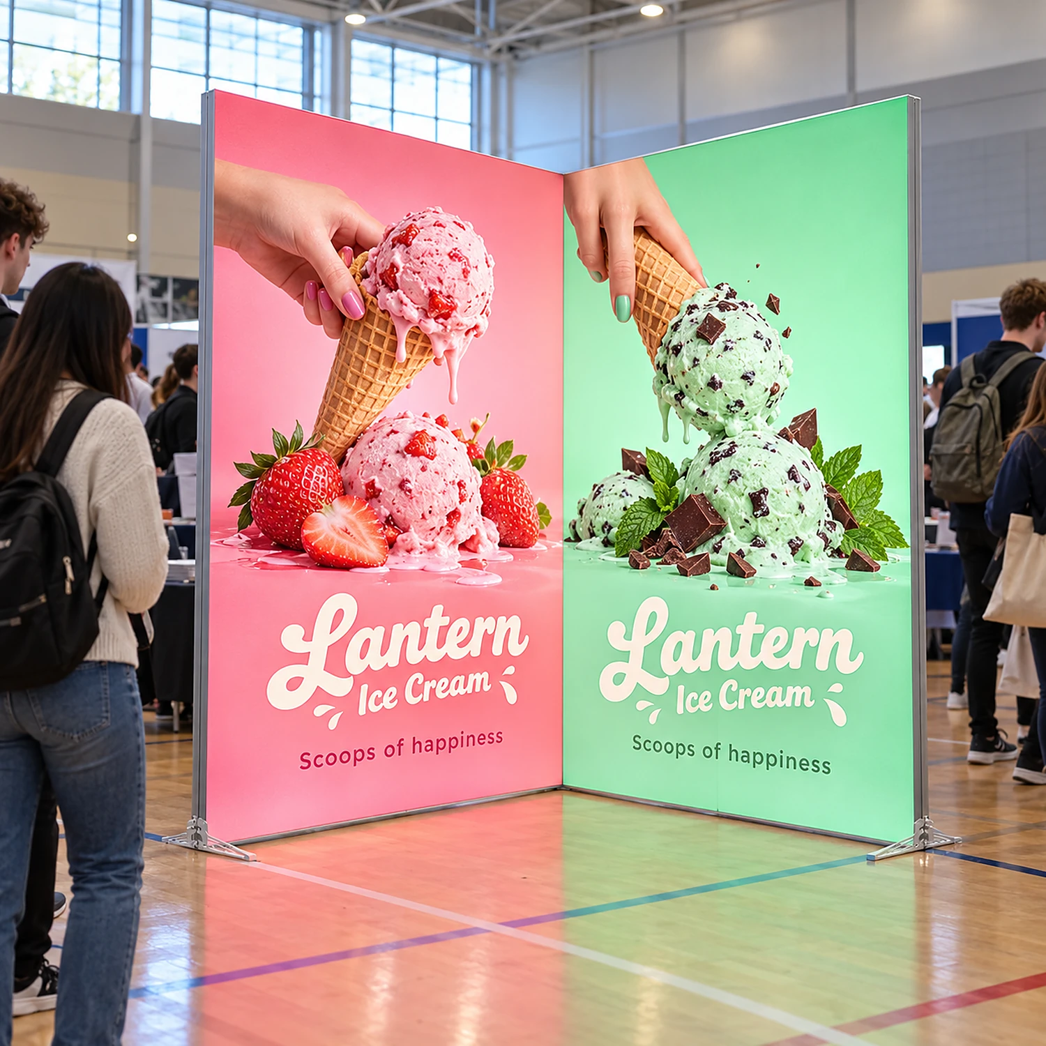 LED lightbox exhibition stand 2m x 2m in use at a university careers fair