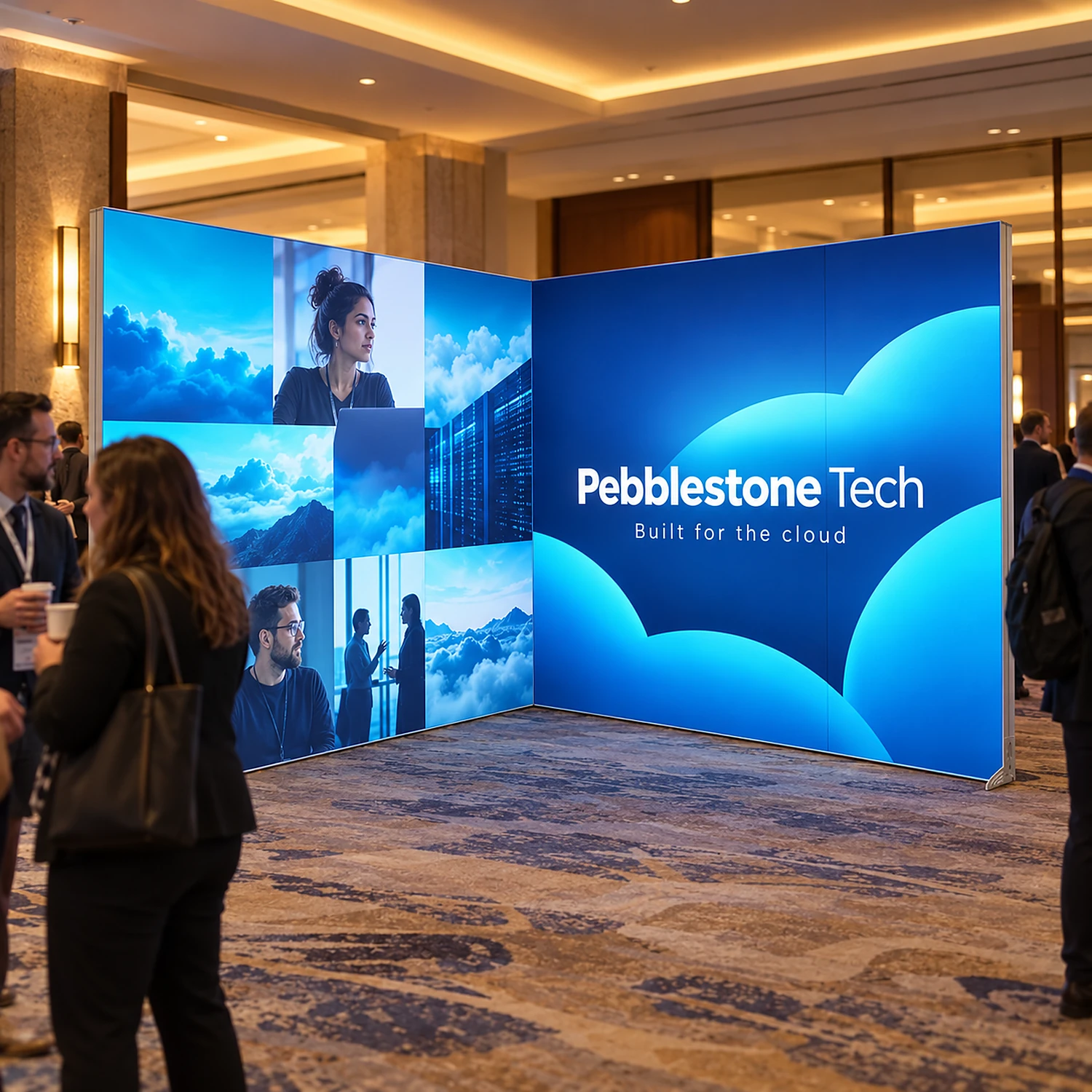 LED lightbox exhibition stand 3m x 3m in use in a hotel conference foyer