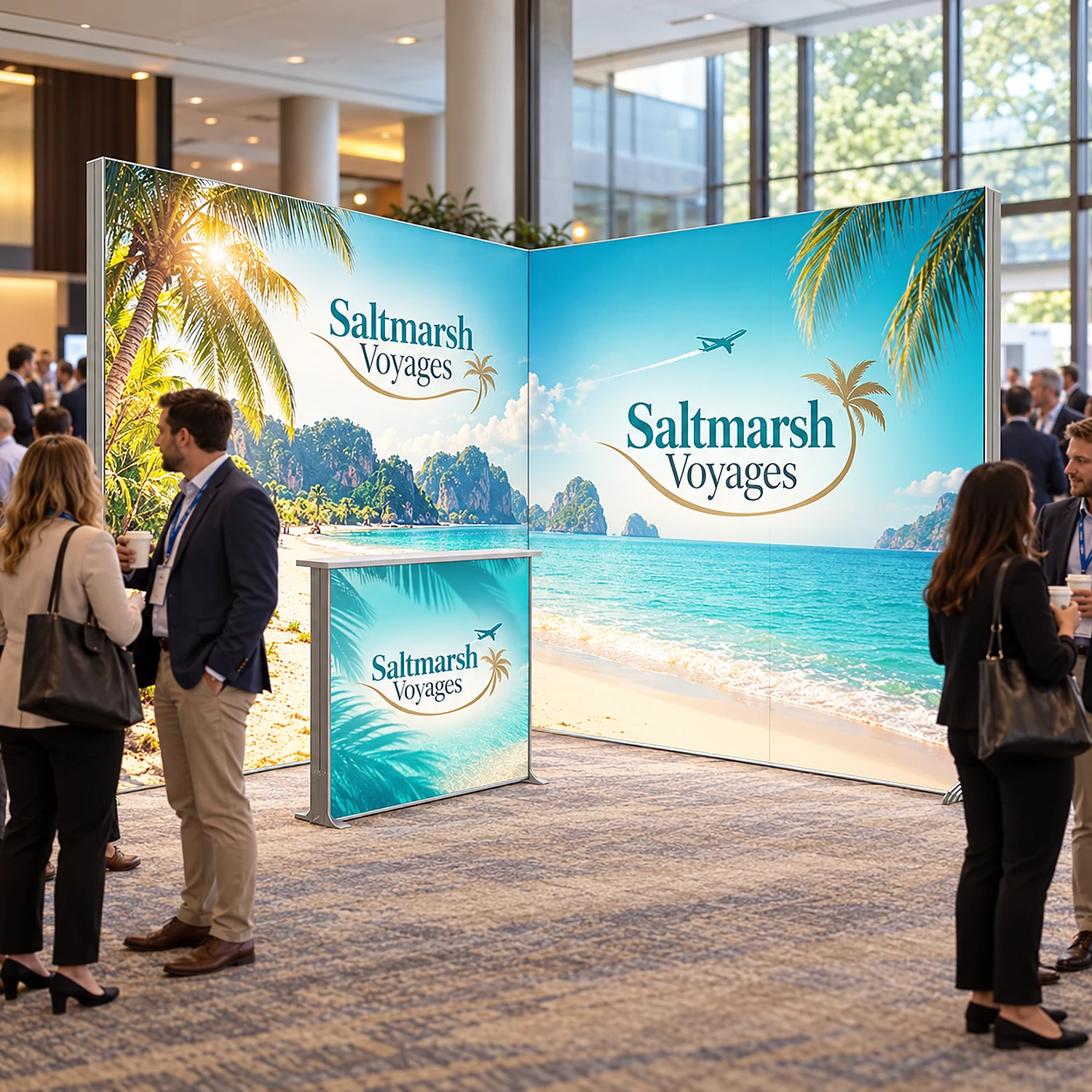 LED lightbox exhibition stand with counter at a conference networking area