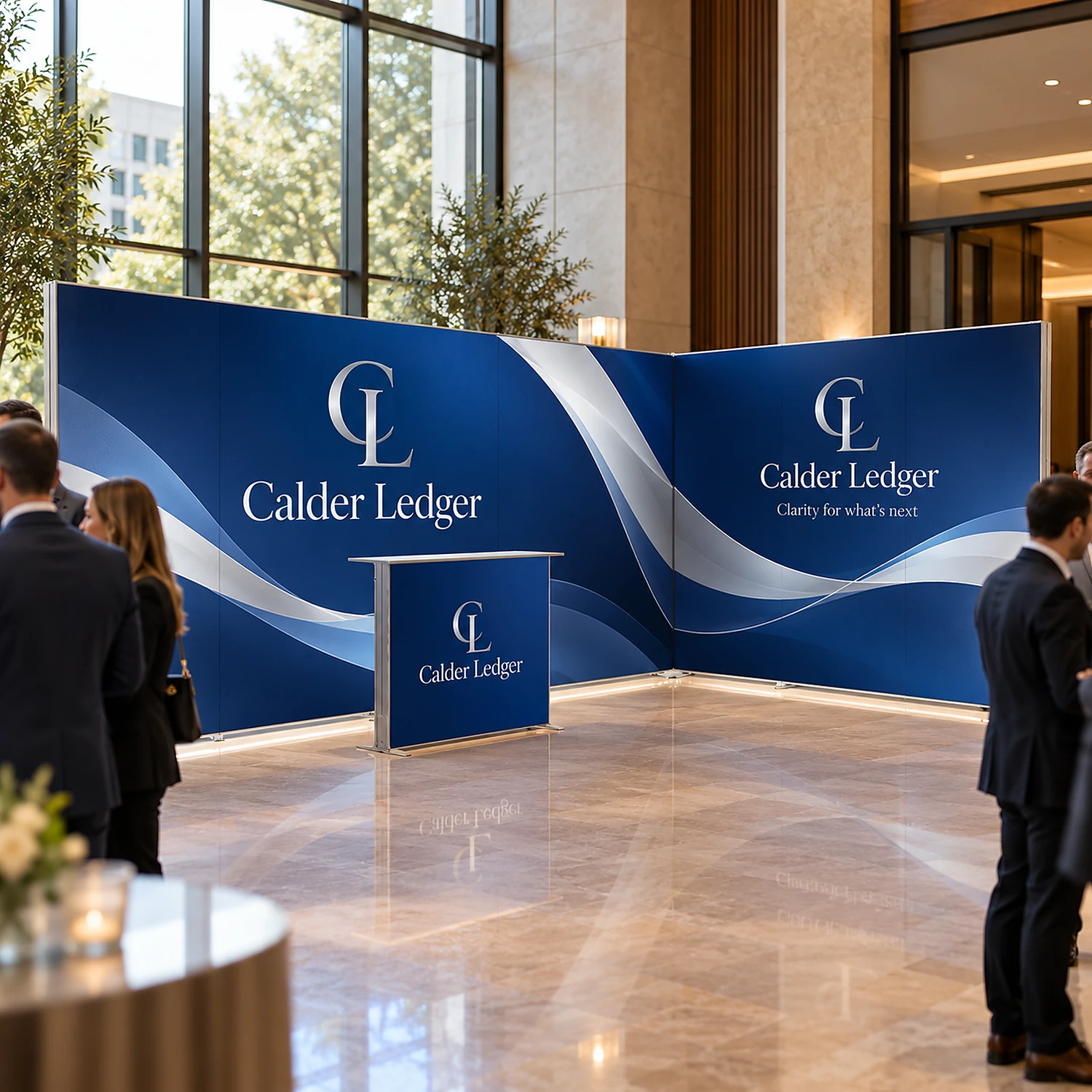 LED lightbox exhibition stand with counter at a corporate event in a hotel foyer