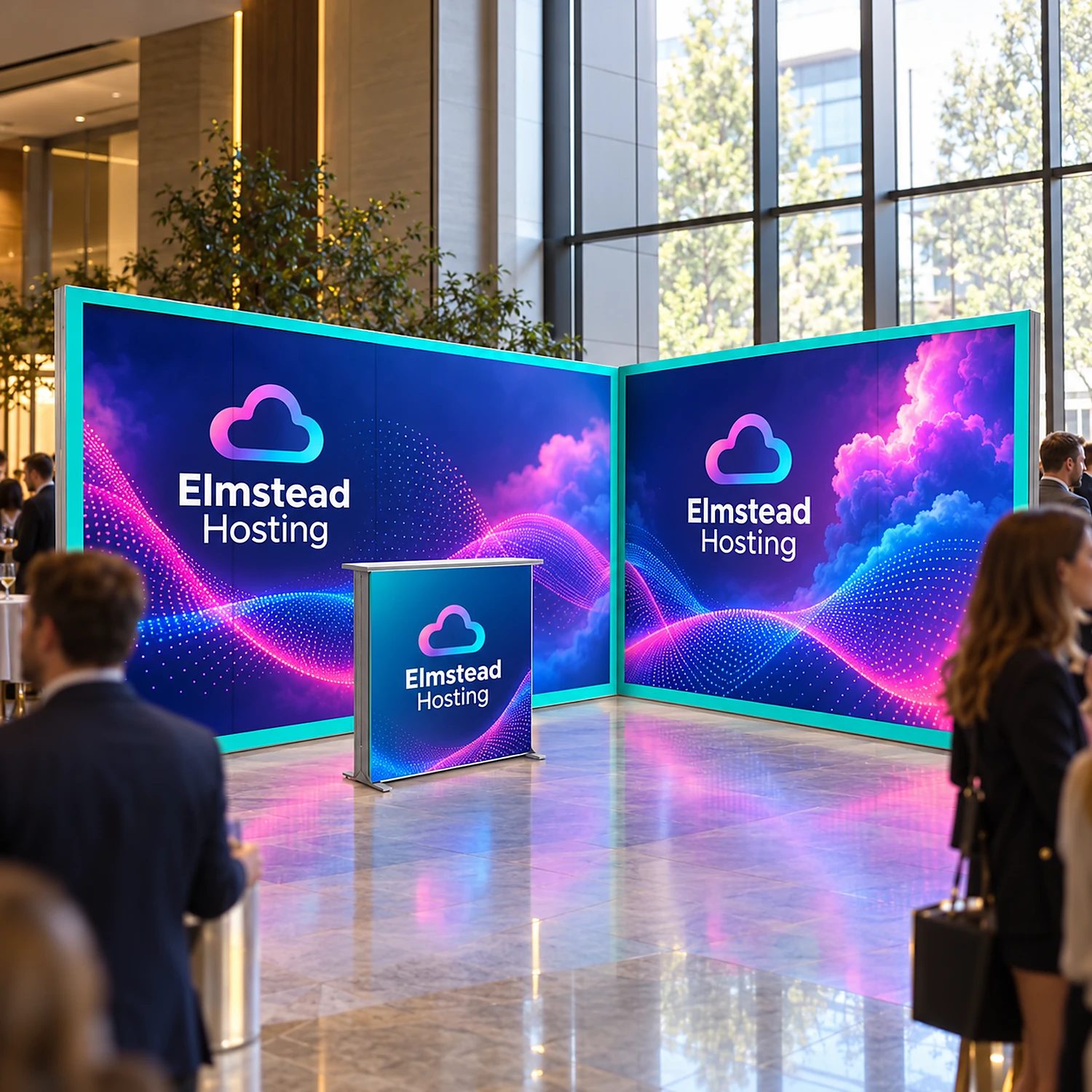 LED lightbox exhibition stand with counter at a corporate event in a hotel foyer