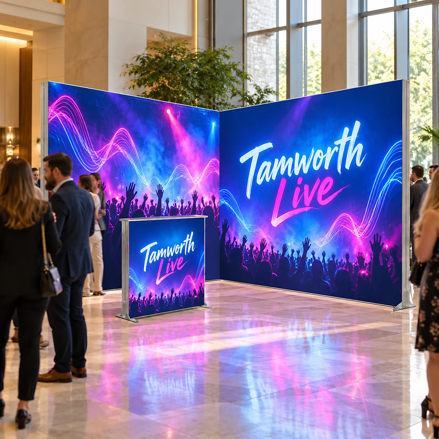 LED lightbox exhibition stand with counter at a corporate event in a hotel foyer