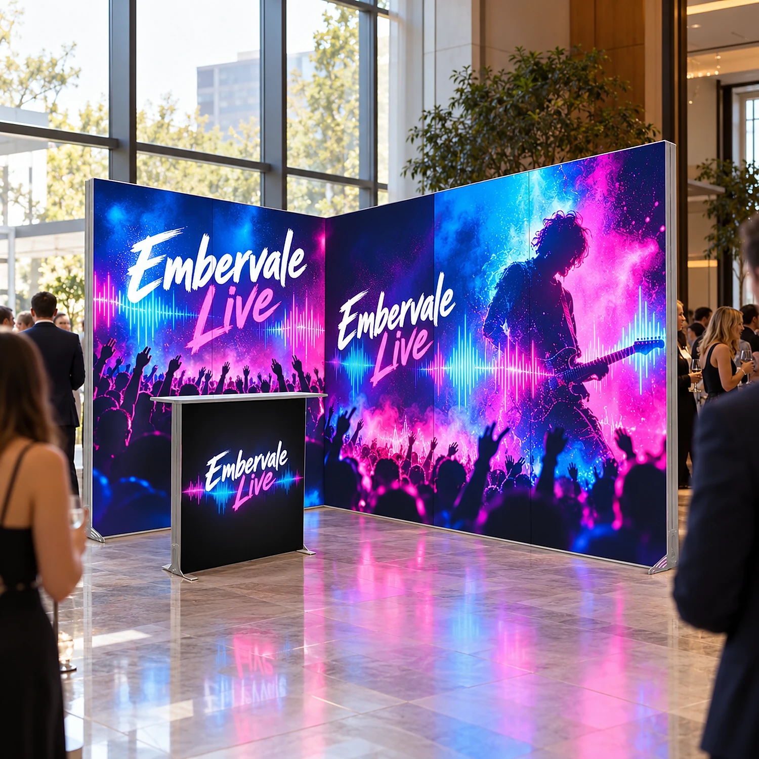 LED lightbox exhibition stand with counter at a corporate event in a hotel foyer