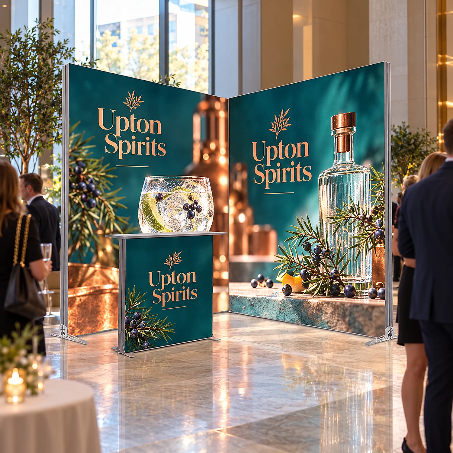 LED lightbox exhibition stand with counter at a corporate event in a hotel foyer