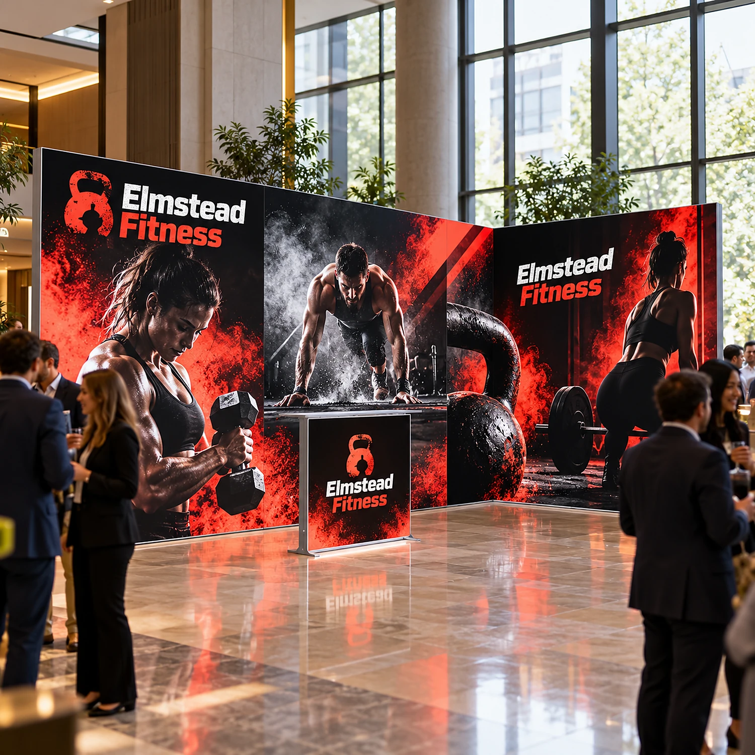 LED lightbox exhibition stand with counter at a corporate event in a hotel foyer