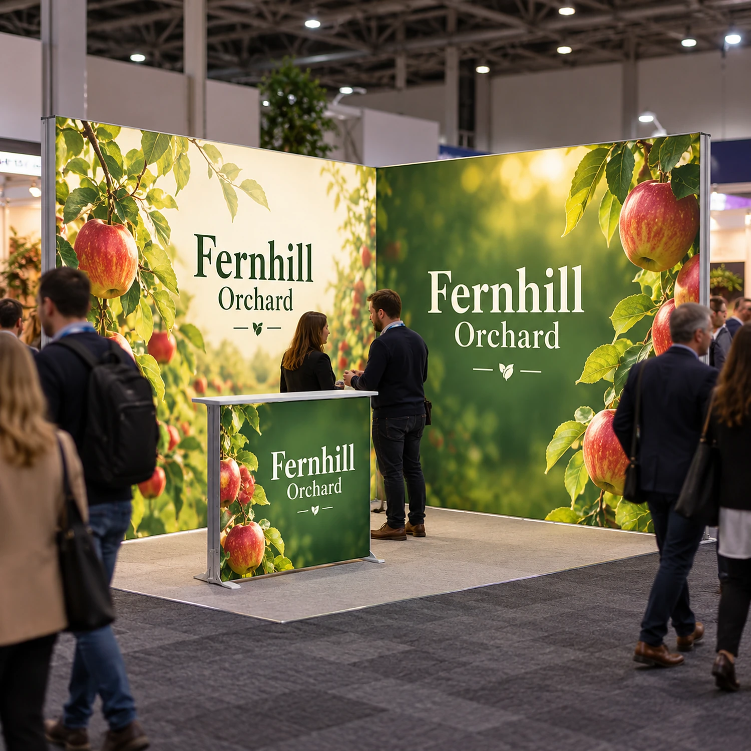LED lightbox exhibition stand with counter in use at a busy trade show