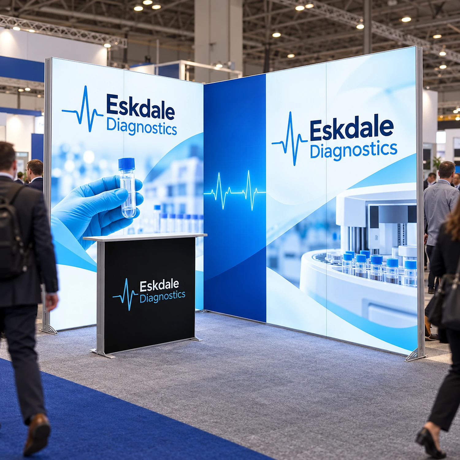 LED lightbox exhibition stand with counter in use at a busy trade show